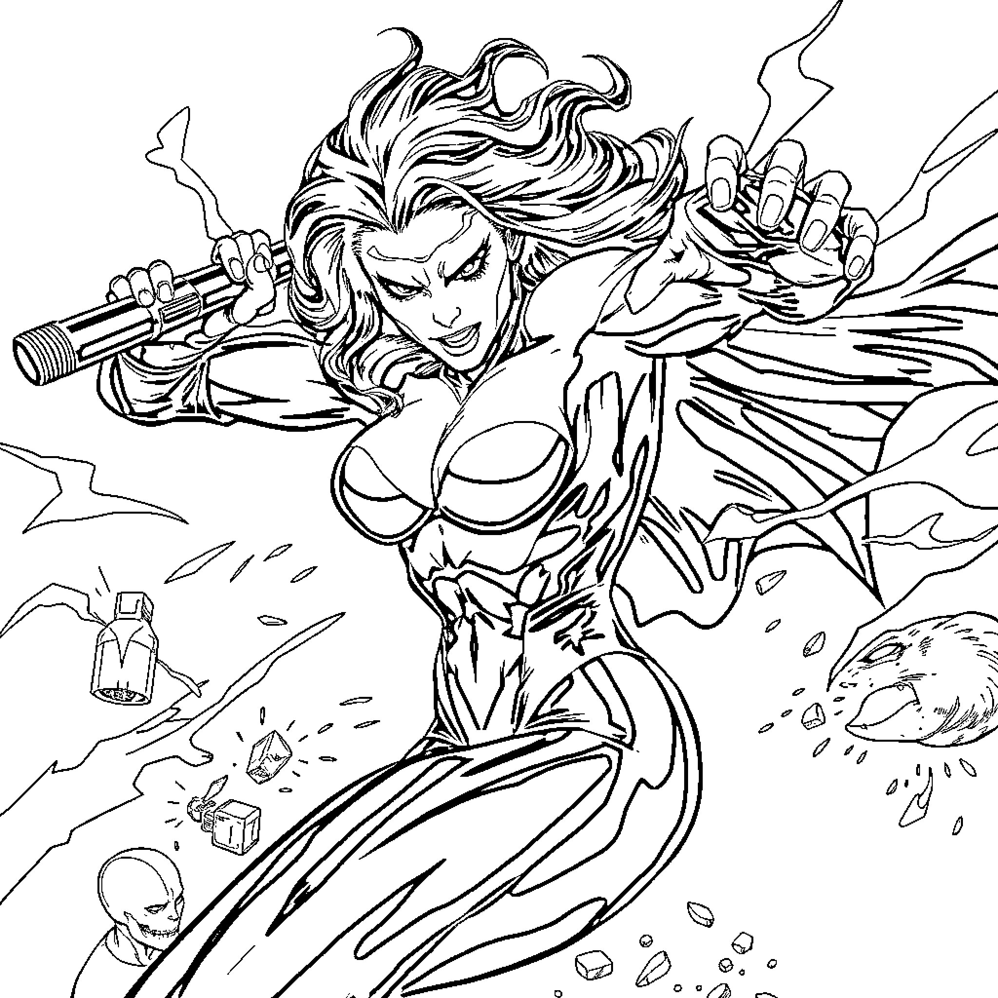Mystique's Explosive Action Coloring Page (free black-and-white line drawing printable PDF for all, from beginners to advanced learners, including children, teens, adults, and seniors)