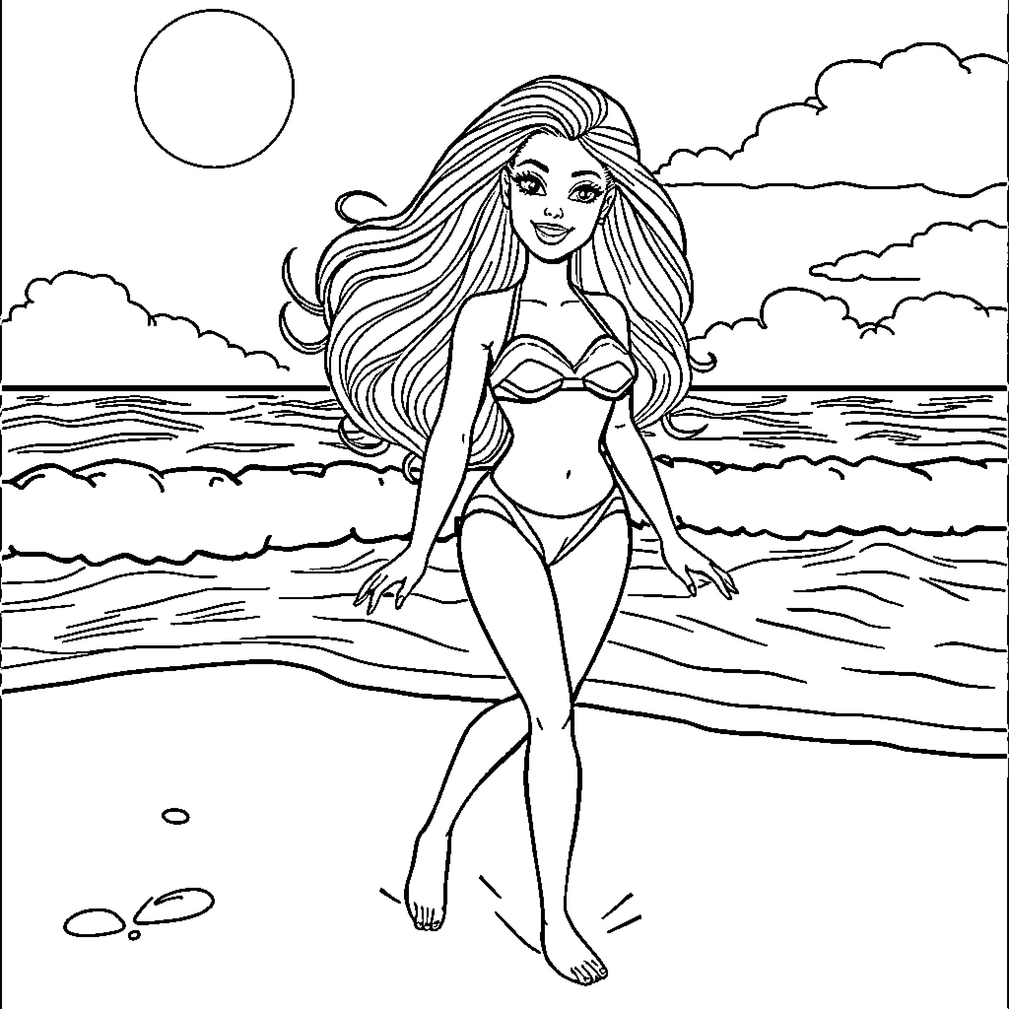 Barbie enjoying the beach scenery Coloring Page (free black-and-white line drawing printable PDF for all, from beginners to advanced learners, including children, teens, adults, and seniors)