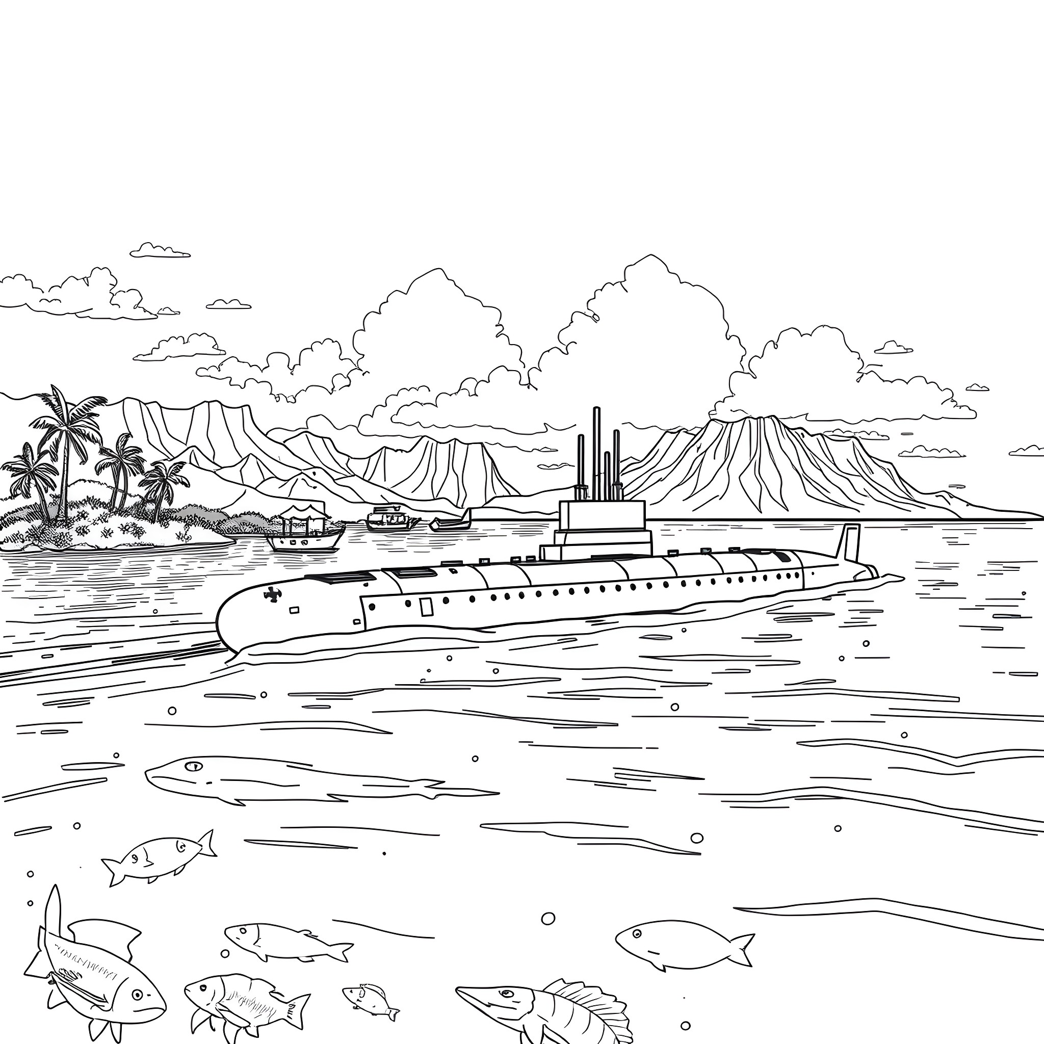 Submarine cruising through coastal waters Coloring Page (free black-and-white line drawing printable PDF for all, from beginners to advanced learners, including children, teens, adults, and seniors)