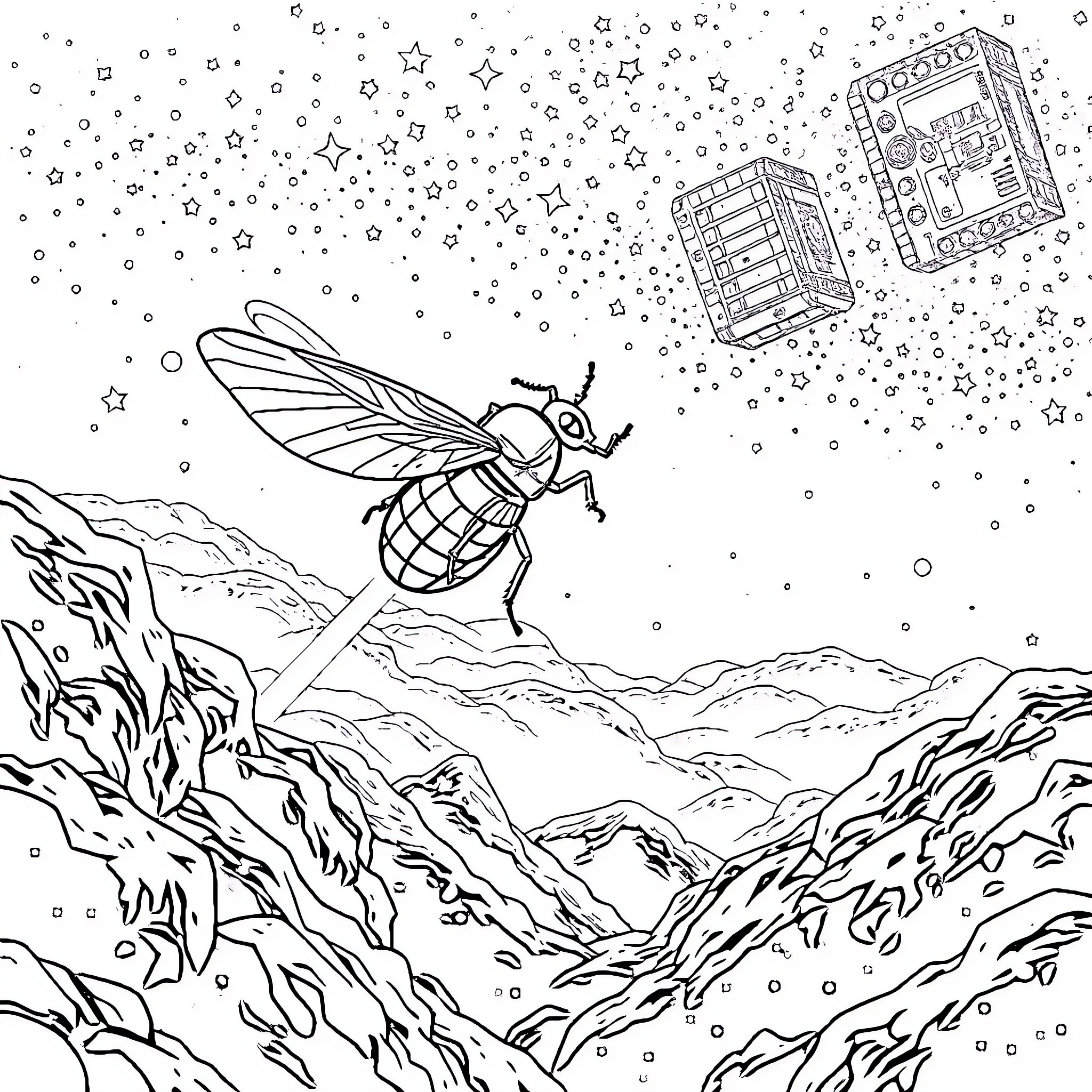 Beetle exploring the cosmic starry night Coloring Page (free black-and-white line drawing printable PDF for all, from beginners to advanced learners, including children, teens, adults, and seniors)