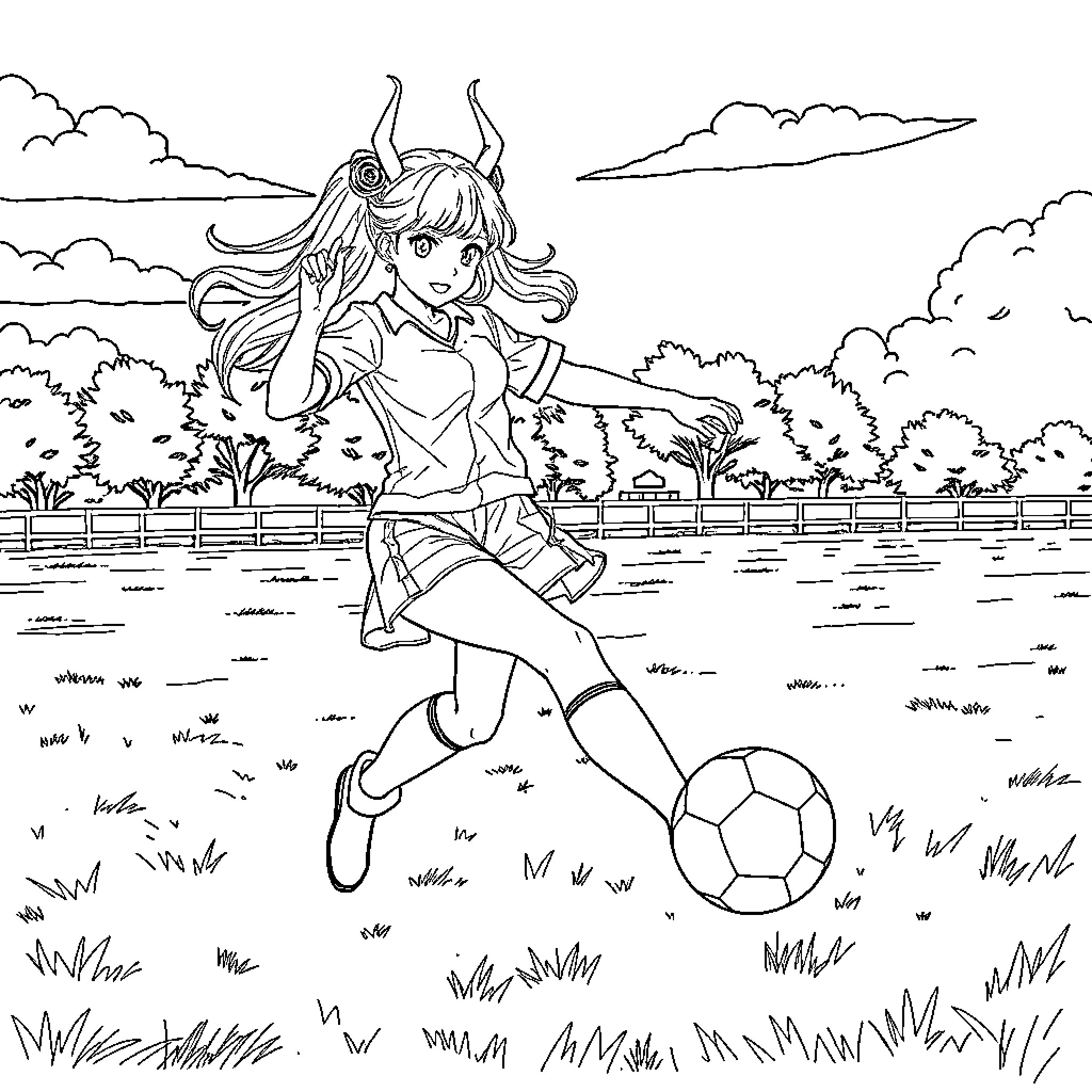 Mira's Playful Soccer Adventure Coloring Page (free black-and-white line drawing printable PDF for all, from beginners to advanced learners, including children, teens, adults, and seniors)