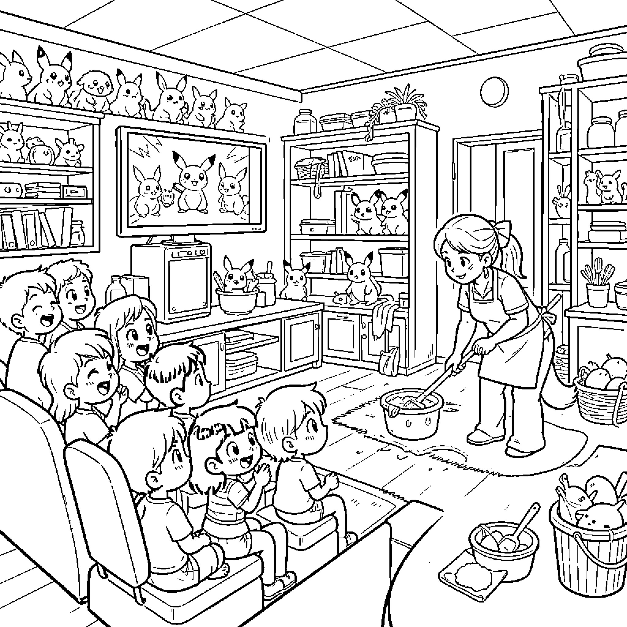 Pokémon Fans Gathered for a Lively Gathering Coloring Page (free black-and-white line drawing printable PDF for all, from beginners to advanced learners, including children, teens, adults, and seniors)