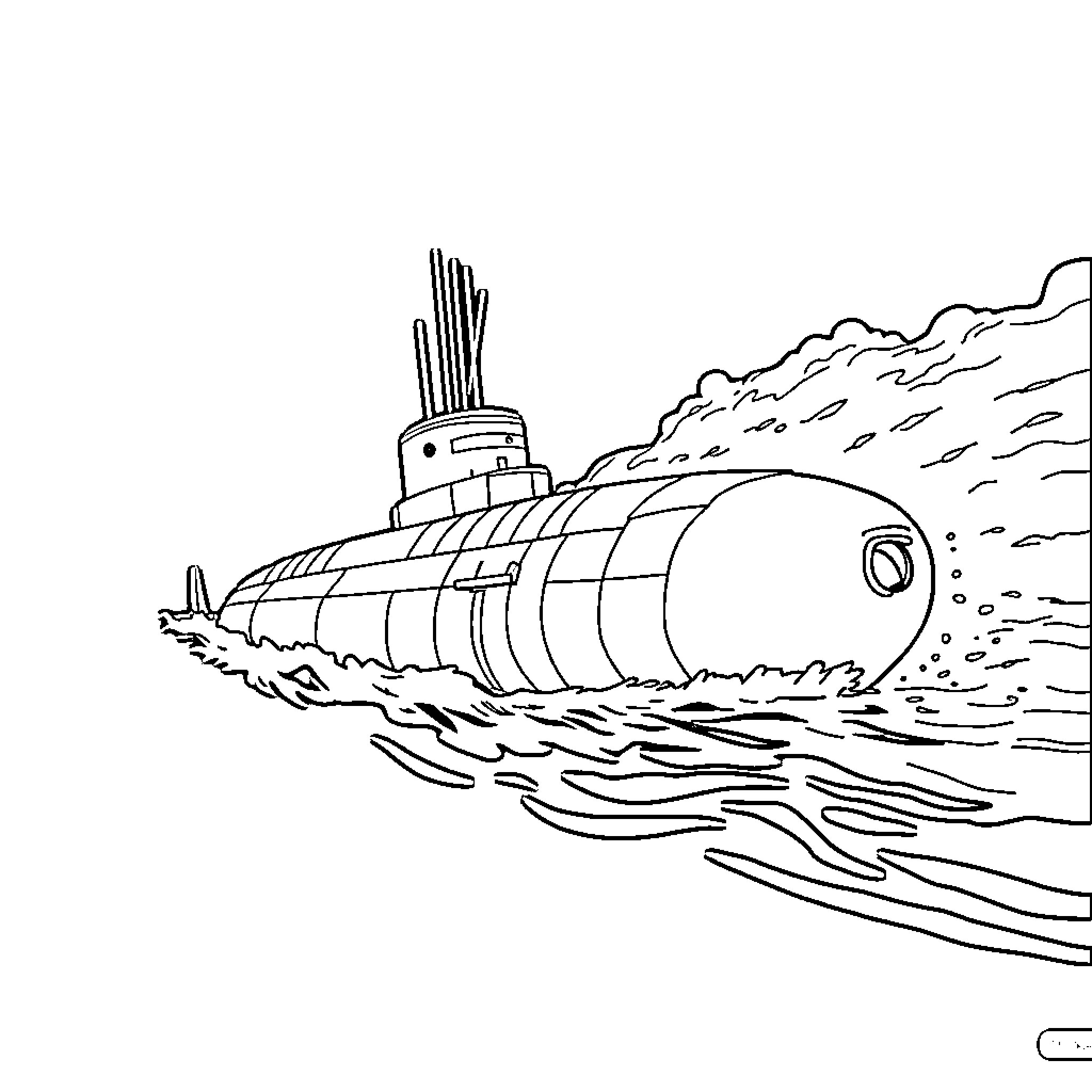 Submarine Emerging from Underwater Waves Coloring Page (free black-and-white line drawing printable PDF for all, from beginners to advanced learners, including children, teens, adults, and seniors)