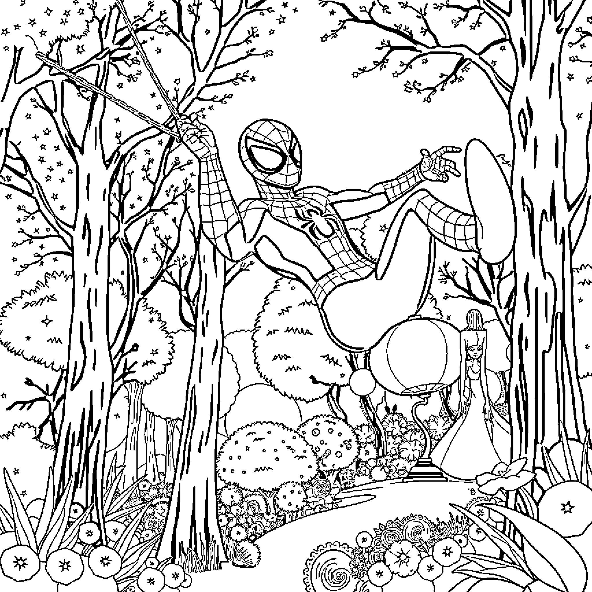 Spider-Man exploring the enchanted forest Coloring Page (free black-and-white line drawing printable PDF for all, from beginners to advanced learners, including children, teens, adults, and seniors)