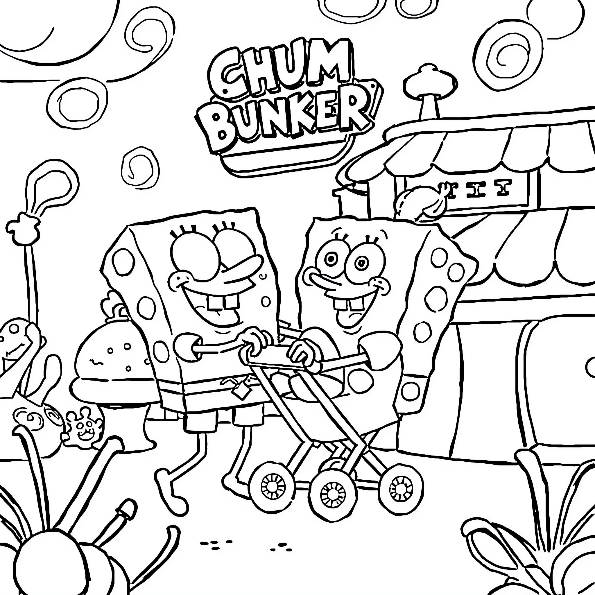 Spongebob and Chum Bunker enjoying a carnival ride Coloring Page (free black-and-white line drawing printable PDF for all, from beginners to advanced learners, including children, teens, adults, and seniors)