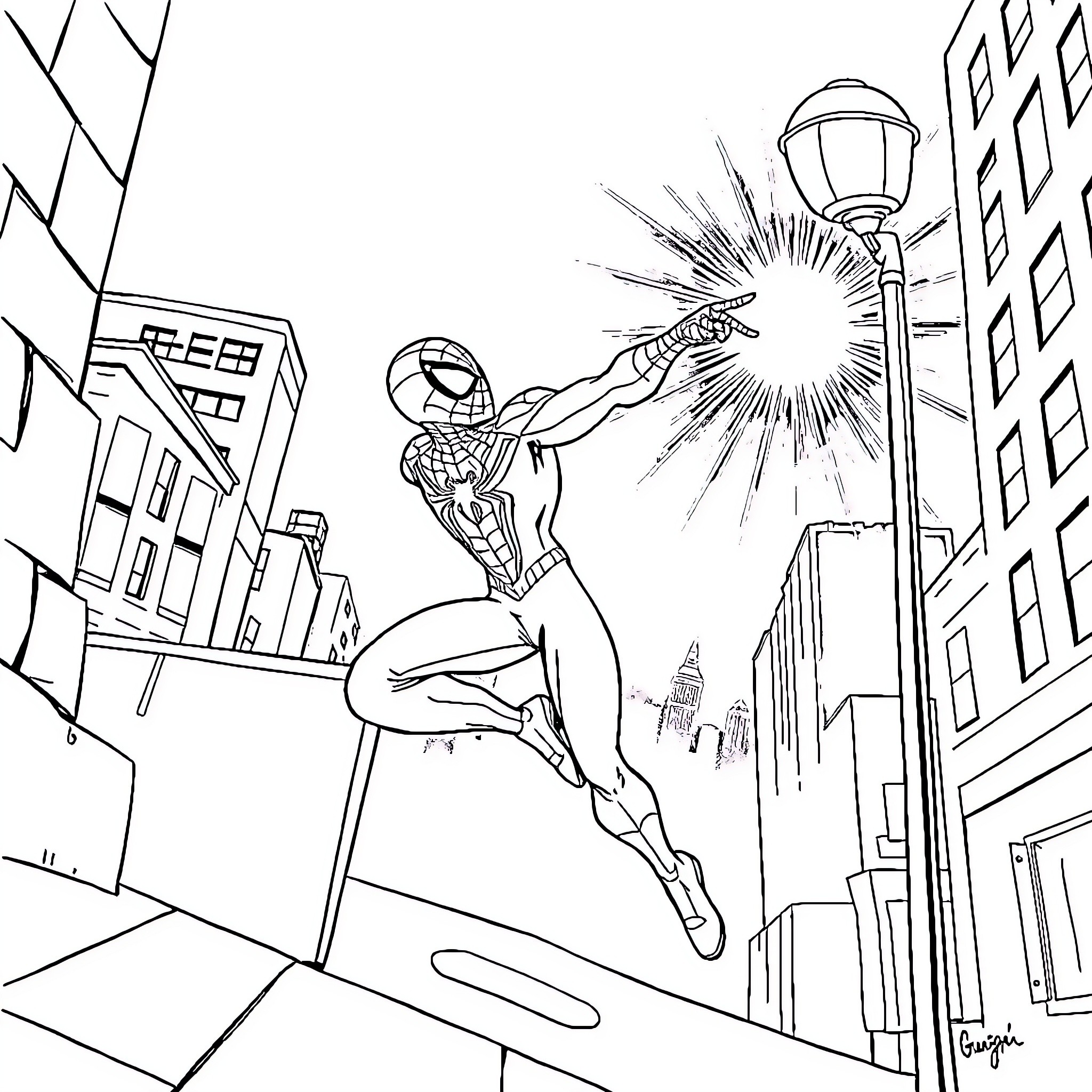 Spider-Man swinging through the city while shooting web Coloring Page (free black-and-white line drawing printable PDF for all, from beginners to advanced learners, including children, teens, adults, and seniors)