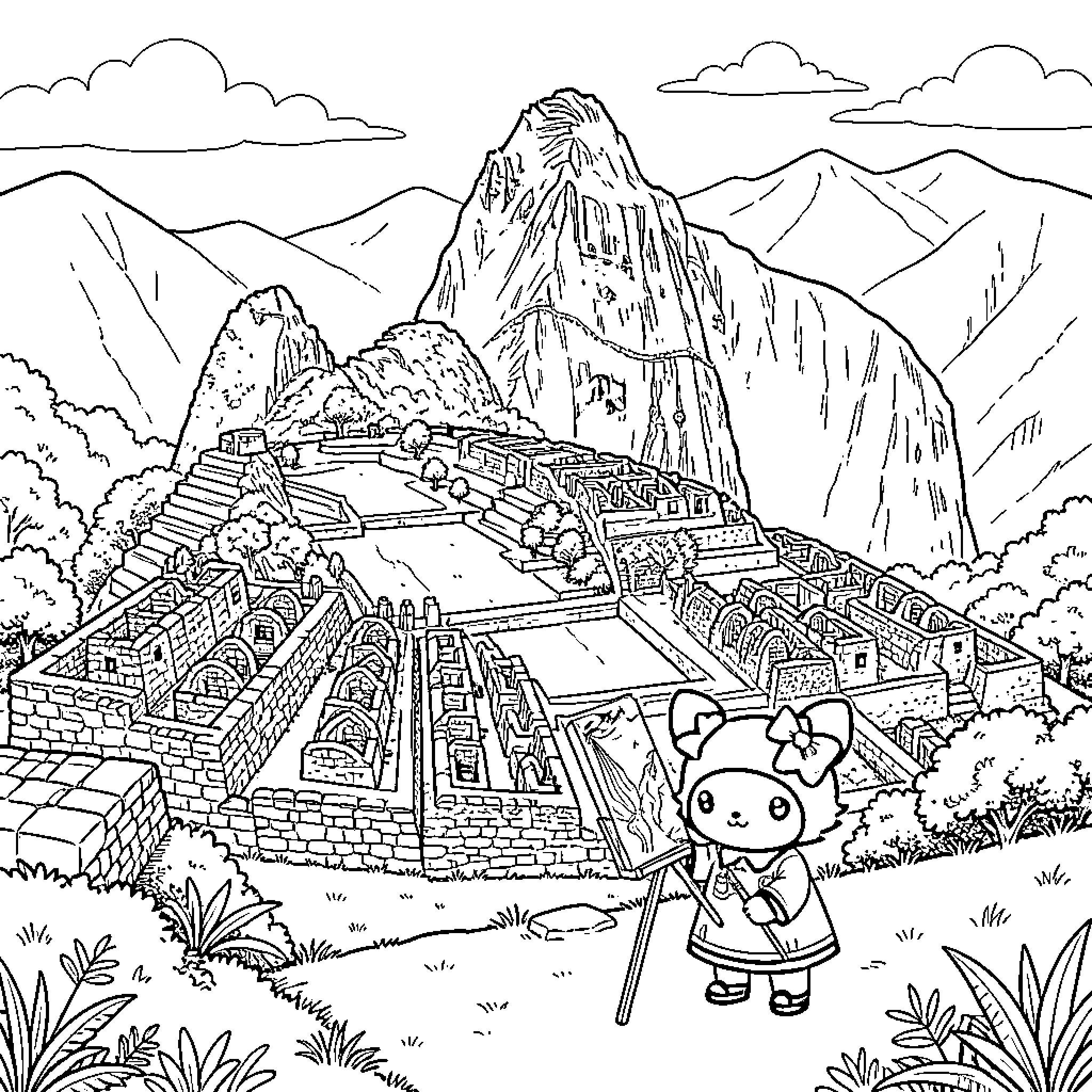 Kuromi explores the ancient ruins in the mountains Coloring Page (free black-and-white line drawing printable PDF for all, from beginners to advanced learners, including children, teens, adults, and seniors)