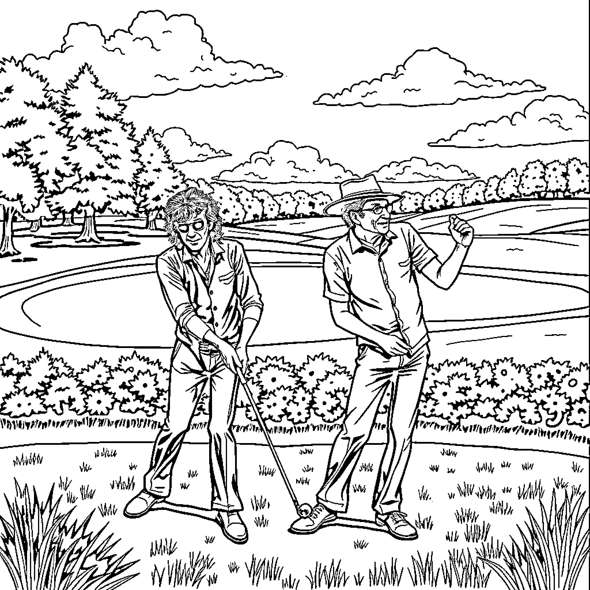 Frank Zappa and friend playing golf in nature Coloring Page (free black-and-white line drawing printable PDF for all, from beginners to advanced learners, including children, teens, adults, and seniors)