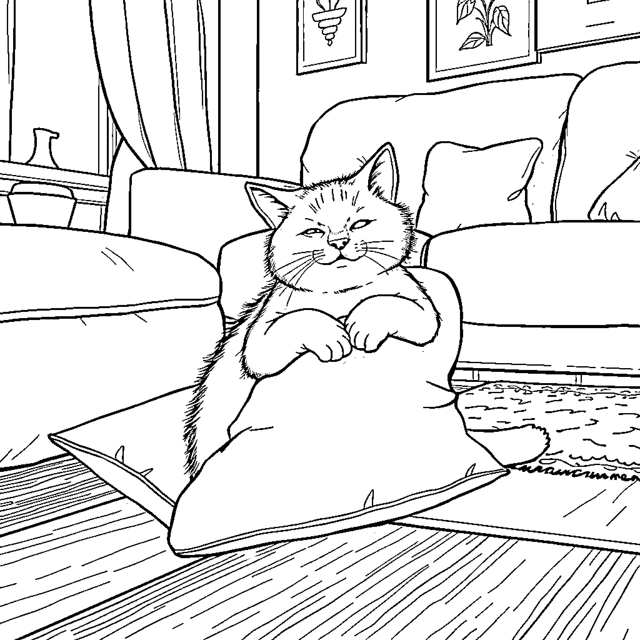 Cat relaxing comfortably in a cozy living room Coloring Page (free black-and-white line drawing printable PDF for all, from beginners to advanced learners, including children, teens, adults, and seniors)