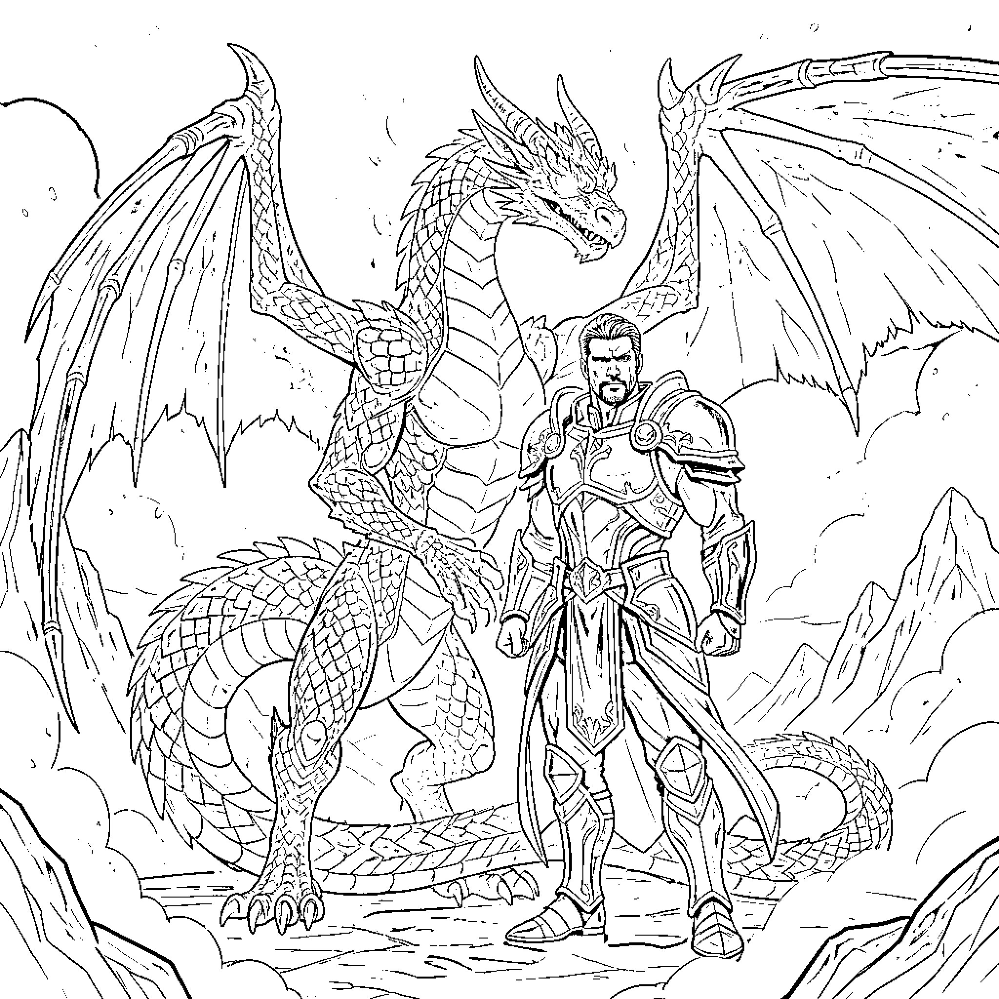 Dragon knight faces off with fierce dragon Coloring Page (free black-and-white line drawing printable PDF for all, from beginners to advanced learners, including children, teens, adults, and seniors)