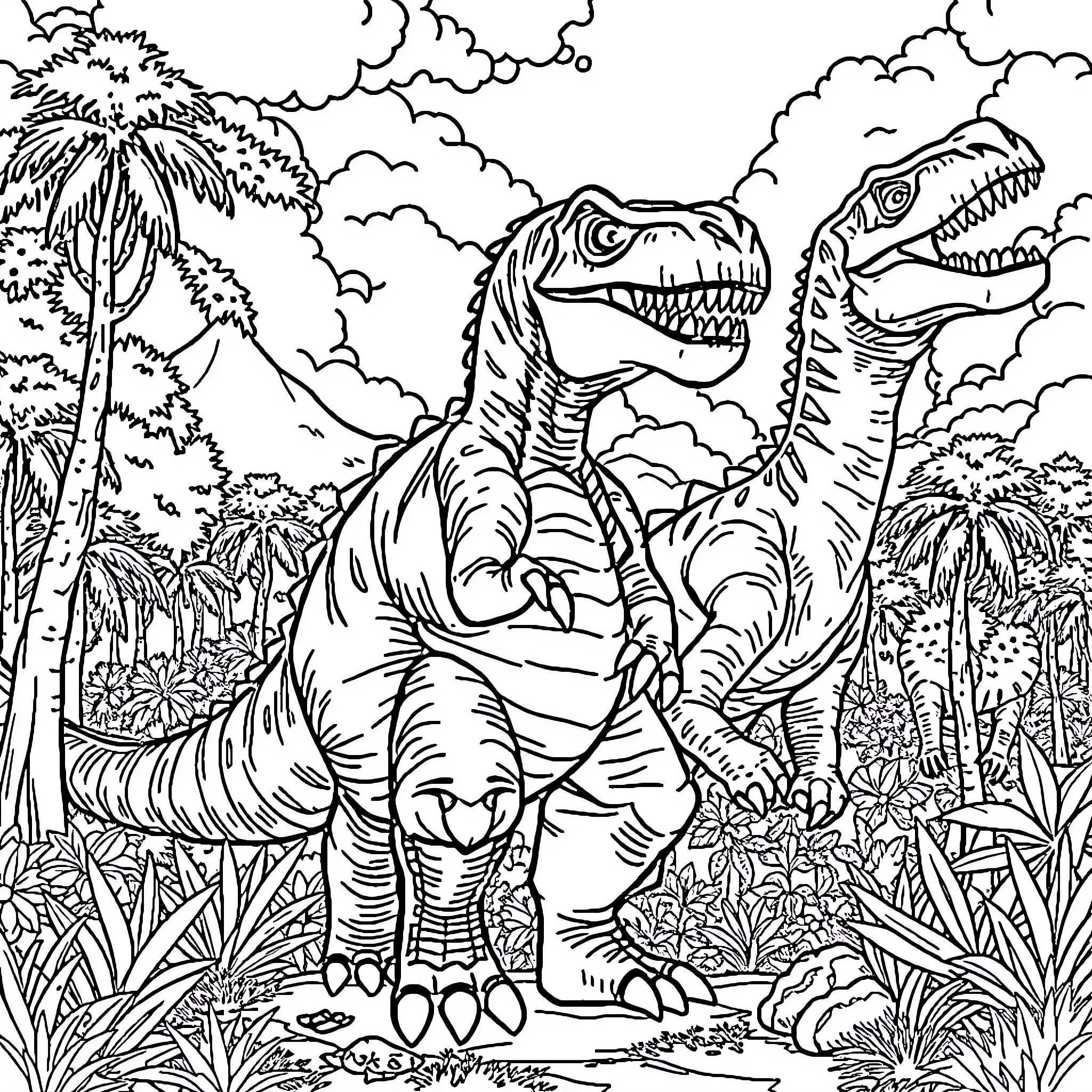 Goku Faces Off Against Fierce Dinosaurs in Prehistoric Landscape Coloring Page (free black-and-white line drawing printable PDF for all, from beginners to advanced learners, including children, teens, adults, and seniors)