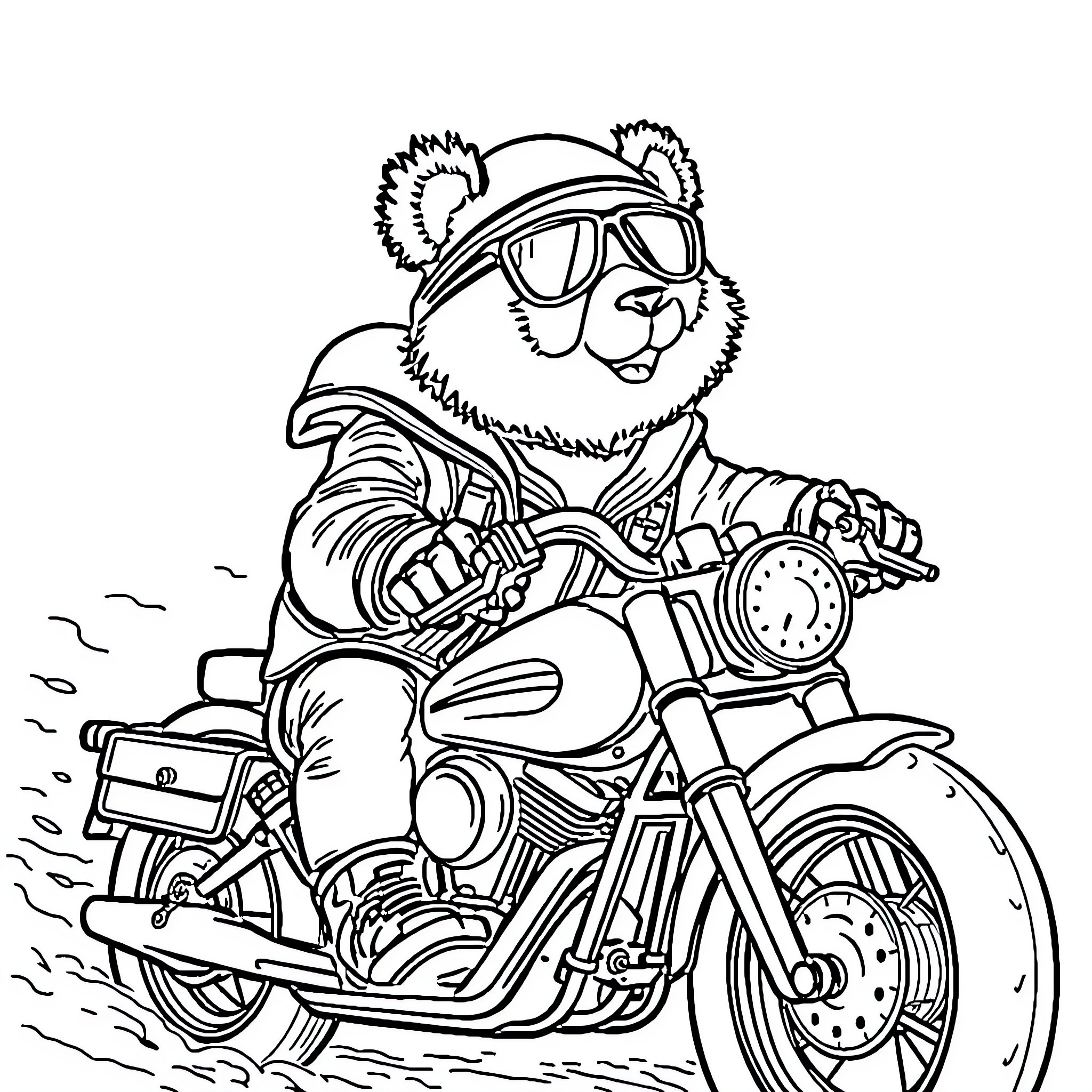 Panda riding a motorcycle Coloring Page (free black-and-white line drawing printable PDF for all, from beginners to advanced learners, including children, teens, adults, and seniors)