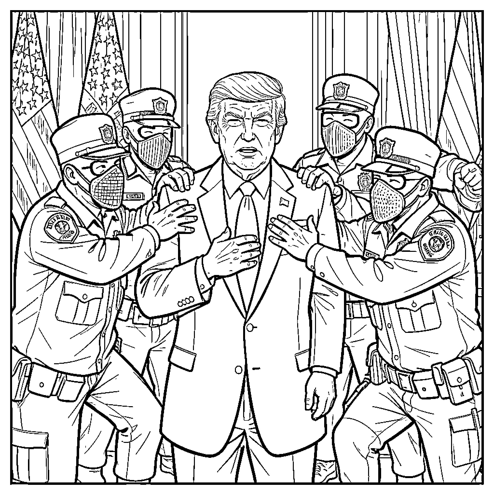 POTUS surrounded by officers in formal uniforms Coloring Page (free black-and-white line drawing printable PDF for all, from beginners to advanced learners, including children, teens, adults, and seniors)