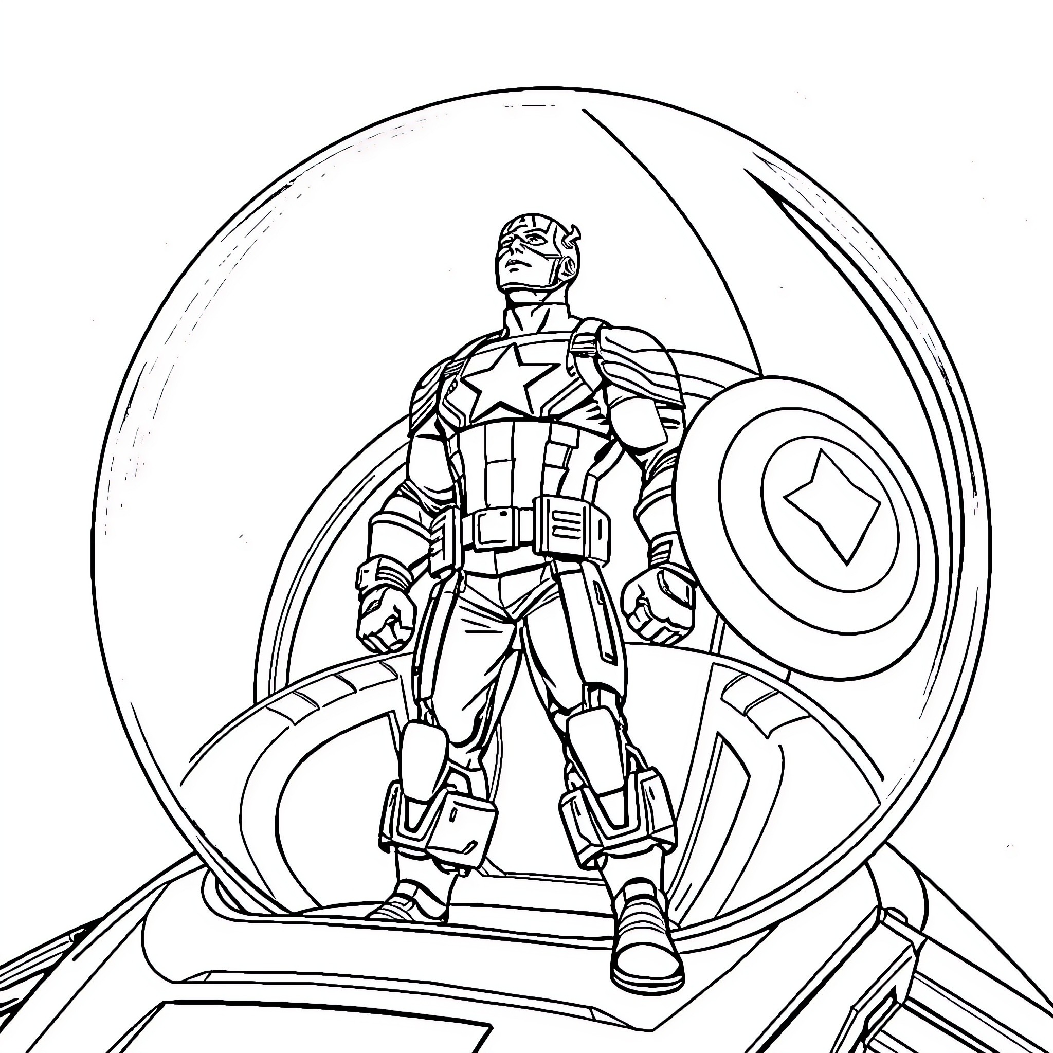 Captain America in Action with Shield and Uniform Coloring Page (free black-and-white line drawing printable PDF for all, from beginners to advanced learners, including children, teens, adults, and seniors)