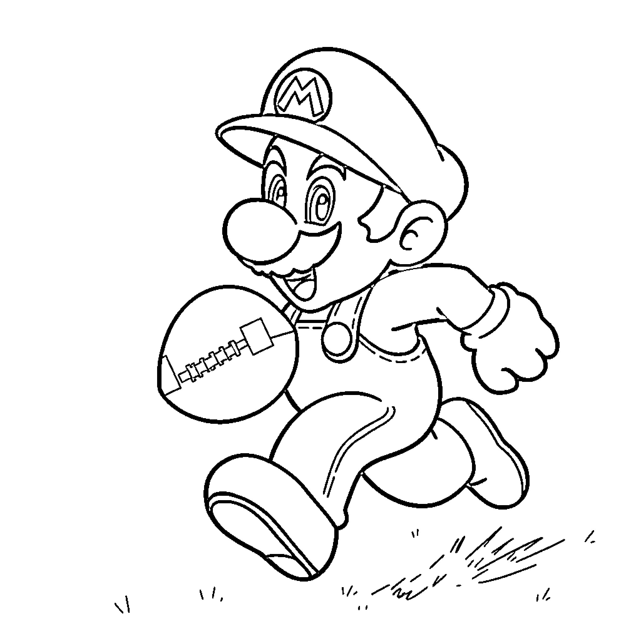 Super Mario Jumping Joyfully with Football Coloring Page (free black-and-white line drawing printable PDF for all, from beginners to advanced learners, including children, teens, adults, and seniors)