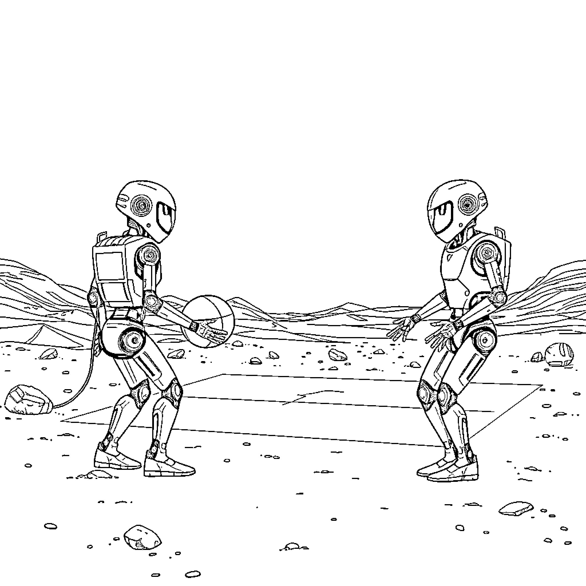Robot explorers surveying an alien landscape Coloring Page (free black-and-white line drawing printable PDF for all, from beginners to advanced learners, including children, teens, adults, and seniors)
