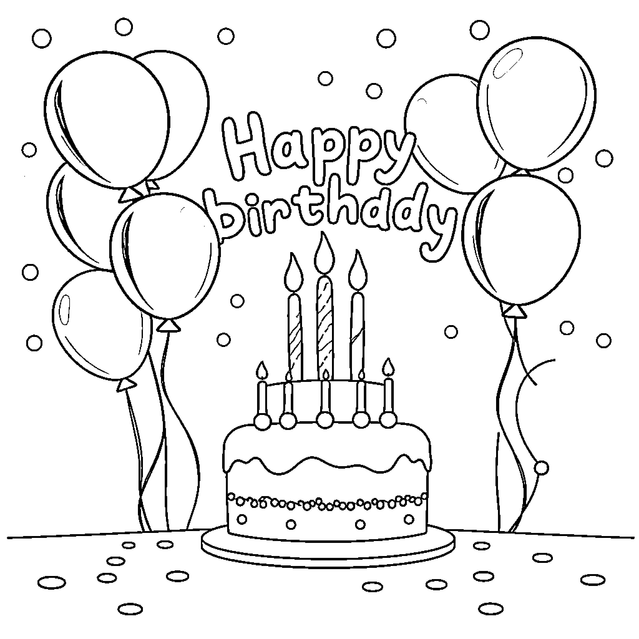 Birthday Card with Balloons and Birthday Cake Coloring Page (free black-and-white line drawing printable PDF for all, from beginners to advanced learners, including children, teens, adults, and seniors)