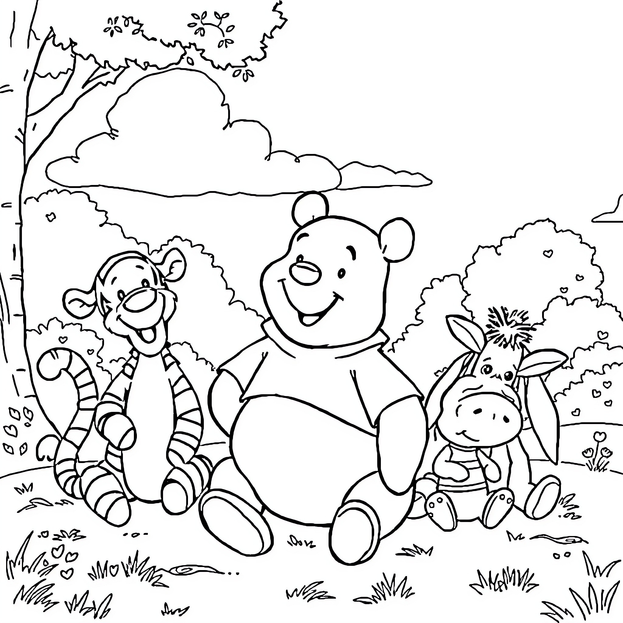 Pooh Bear and friends enjoying nature Coloring Page (free black-and-white line drawing printable PDF for all, from beginners to advanced learners, including children, teens, adults, and seniors)