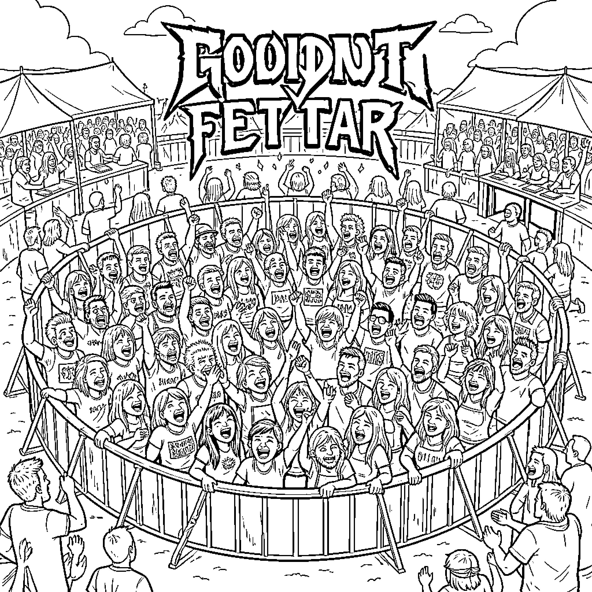 Circle Pit of energetic fans cheering at a music festival Coloring Page (free black-and-white line drawing printable PDF for all, from beginners to advanced learners, including children, teens, adults, and seniors)