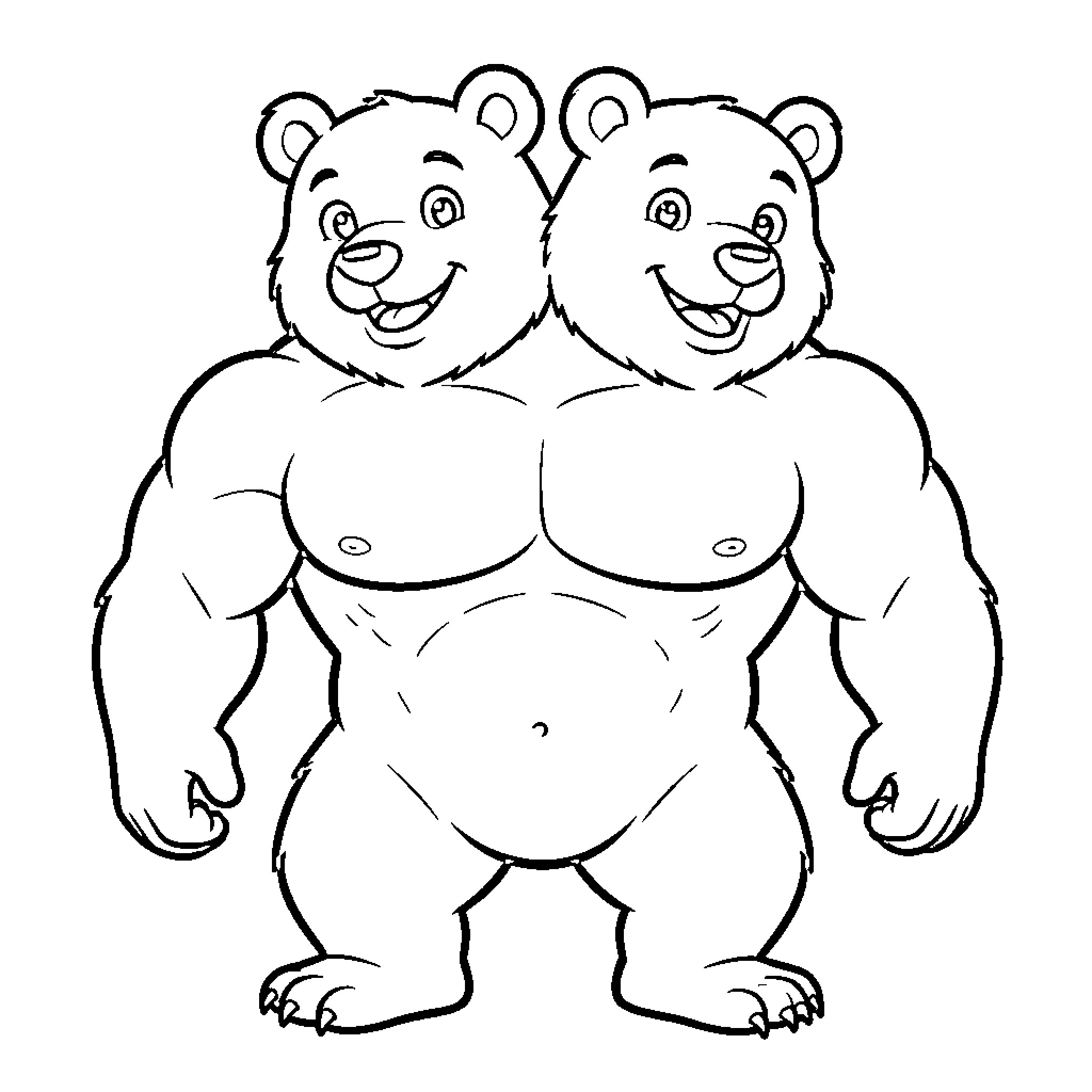 Bear with two heads smiling and standing upright Coloring Page (free black-and-white line drawing printable PDF for all, from beginners to advanced learners, including children, teens, adults, and seniors)