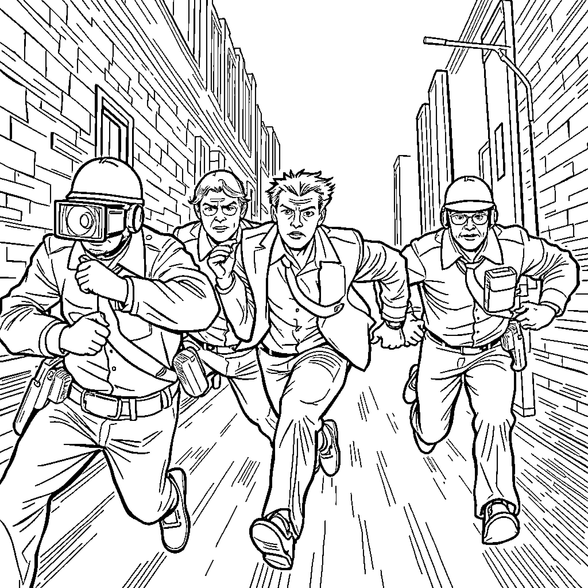 Security Agents in Pursuit of Suspects Coloring Page (free black-and-white line drawing printable PDF for all, from beginners to advanced learners, including children, teens, adults, and seniors)