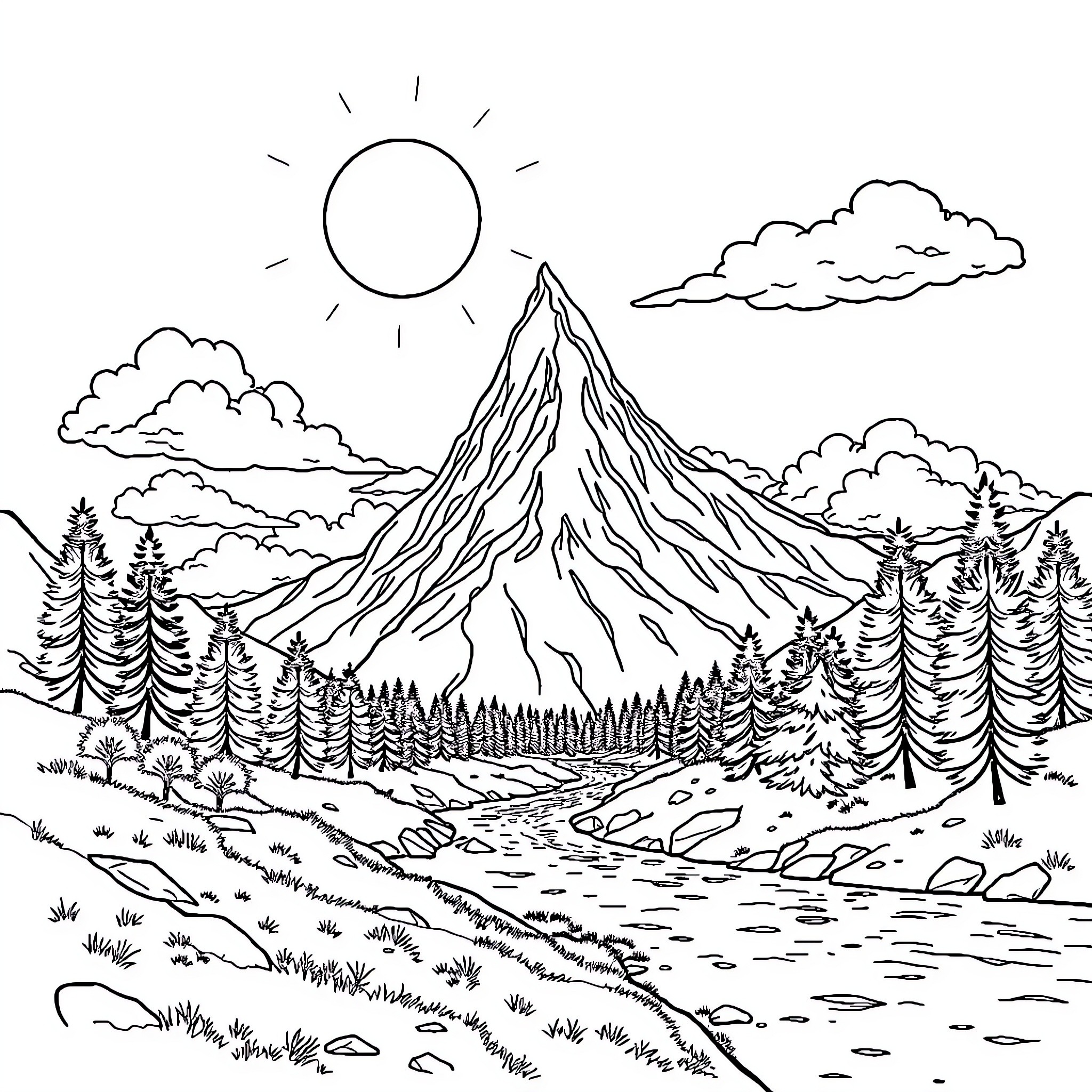 Mountain landscape with sun and clouds Coloring Page (free black-and-white line drawing printable PDF for all, from beginners to advanced learners, including children, teens, adults, and seniors)