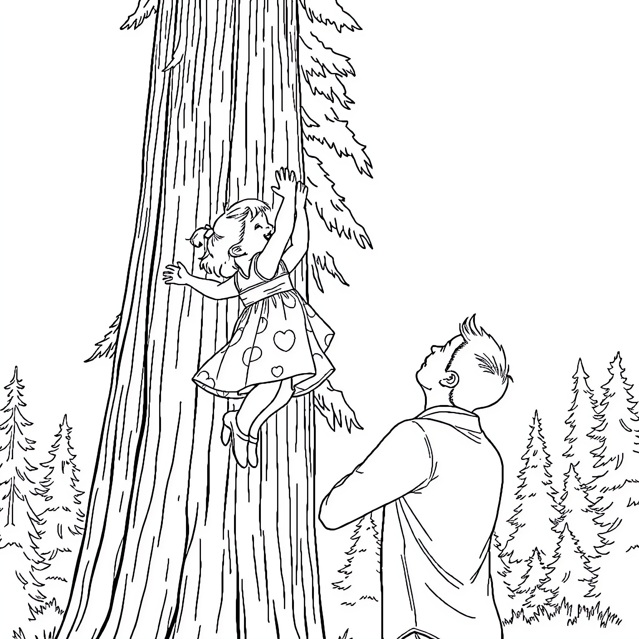 Girl climbing on tree and observing surroundings Coloring Page (free black-and-white line drawing printable PDF for all, from beginners to advanced learners, including children, teens, adults, and seniors)