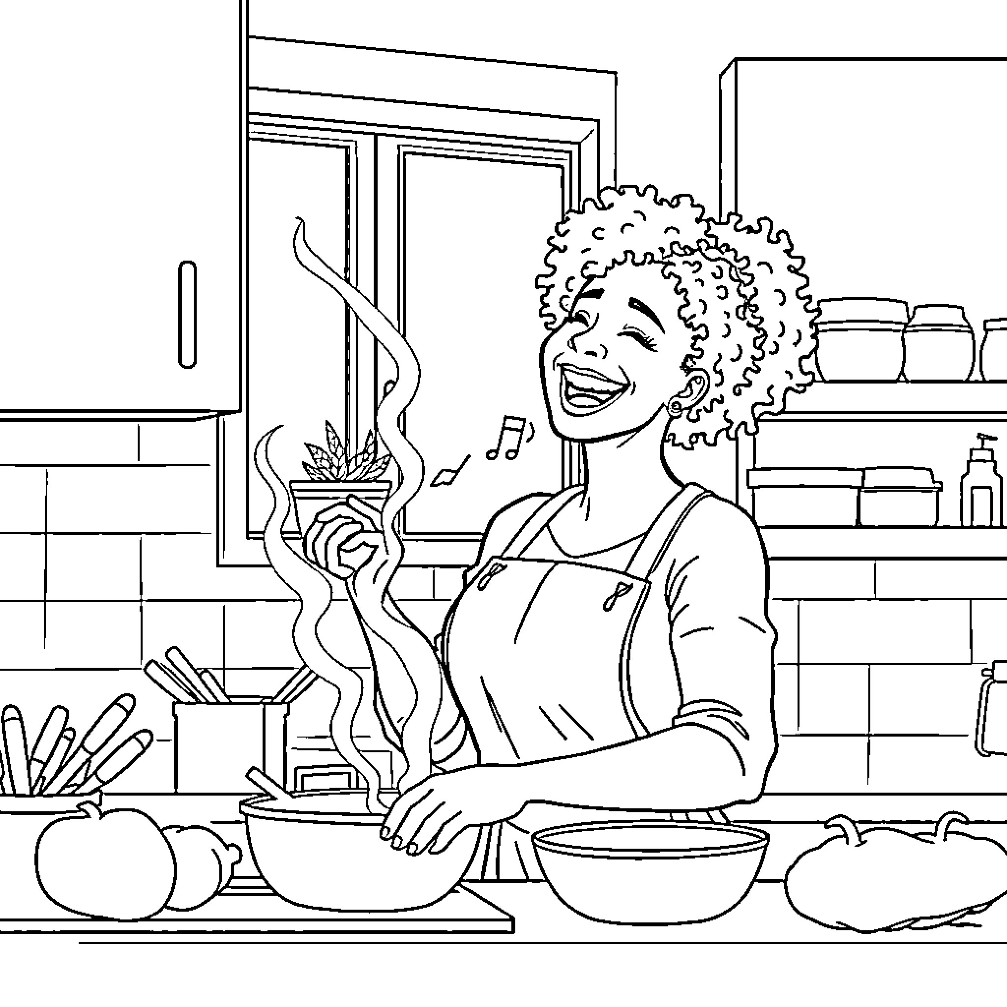 Woman joyfully cooking in the kitchen Coloring Page (free black-and-white line drawing printable PDF for all, from beginners to advanced learners, including children, teens, adults, and seniors)