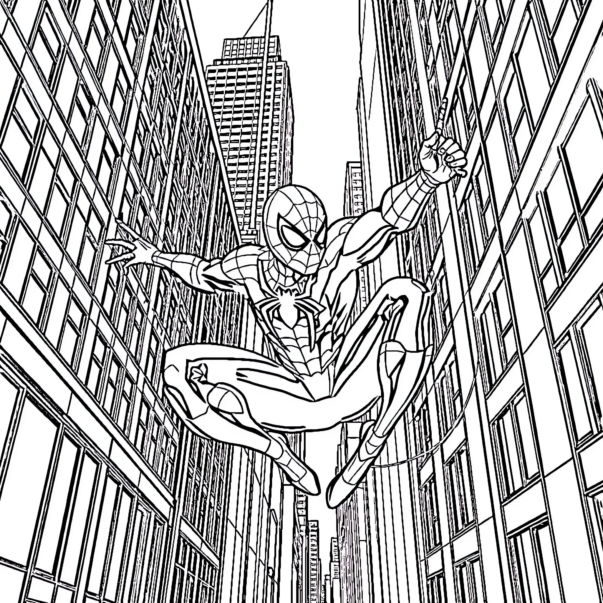 Spider-Man swinging through the city skyline Coloring Page (free black-and-white line drawing printable PDF for all, from beginners to advanced learners, including children, teens, adults, and seniors)