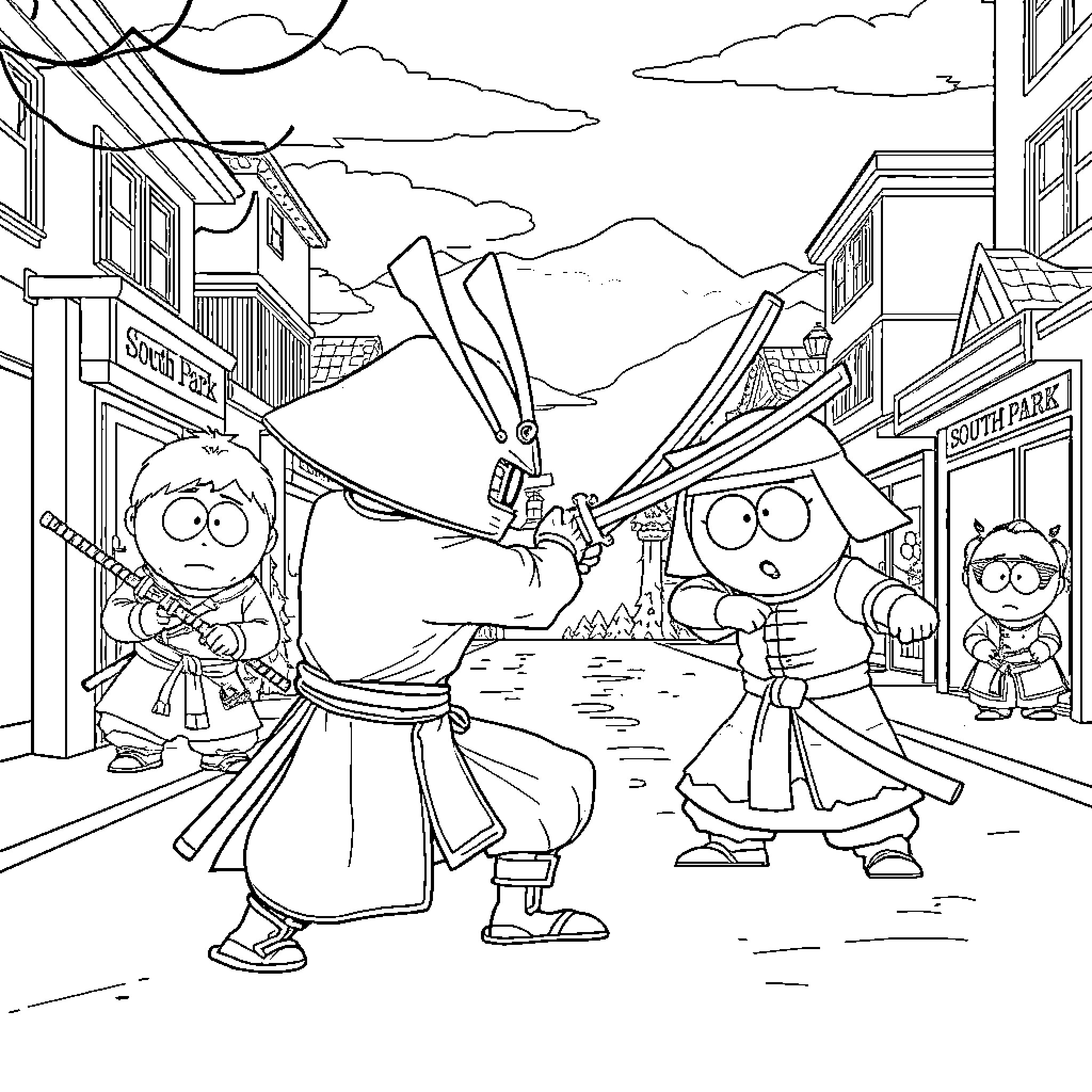 Samurai warriors engaged in a sword duel on a village street Coloring Page (free black-and-white line drawing printable PDF for all, from beginners to advanced learners, including children, teens, adults, and seniors)