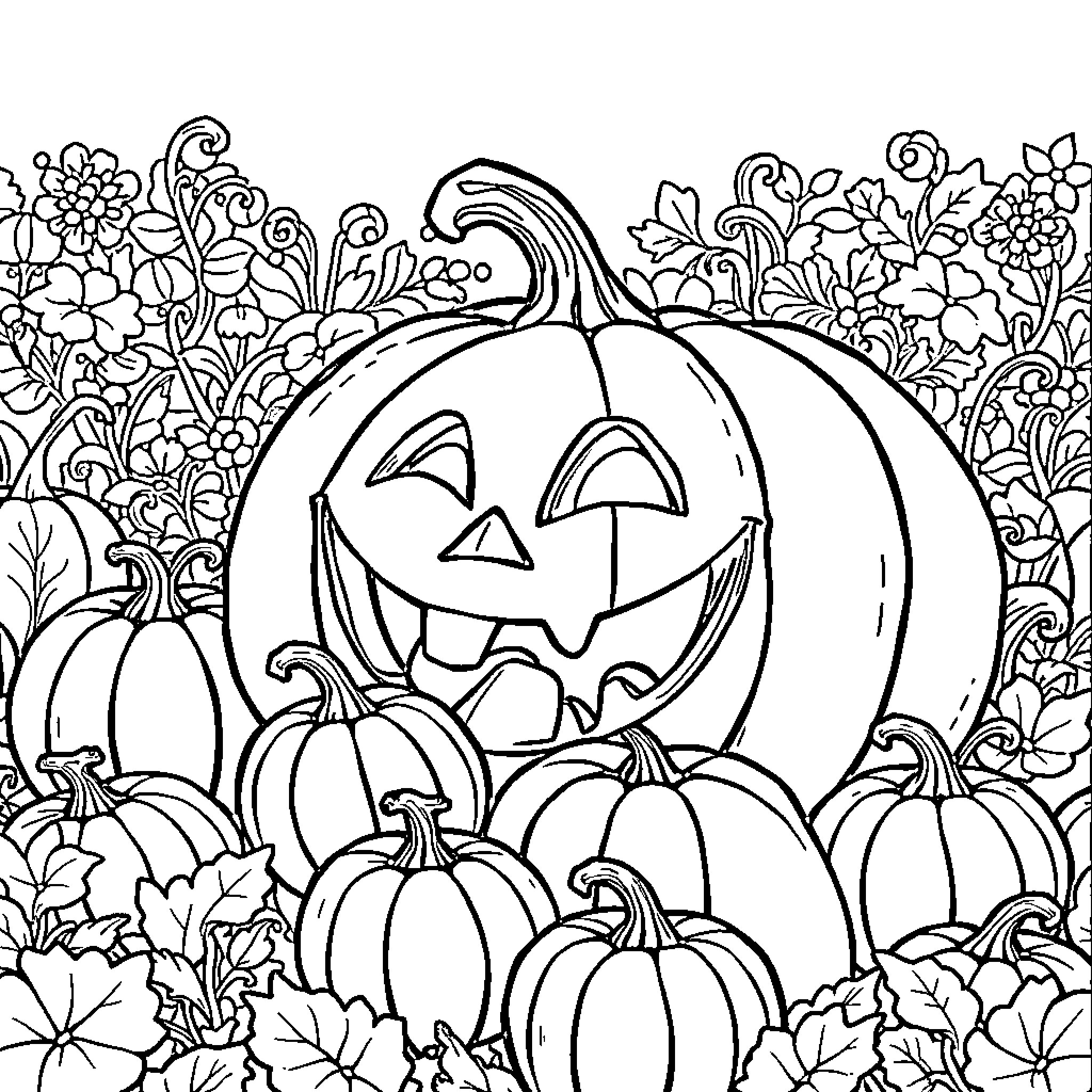 Pumpkins surrounded by autumn flowers and foliage Coloring Page (free black-and-white line drawing printable PDF for all, from beginners to advanced learners, including children, teens, adults, and seniors)