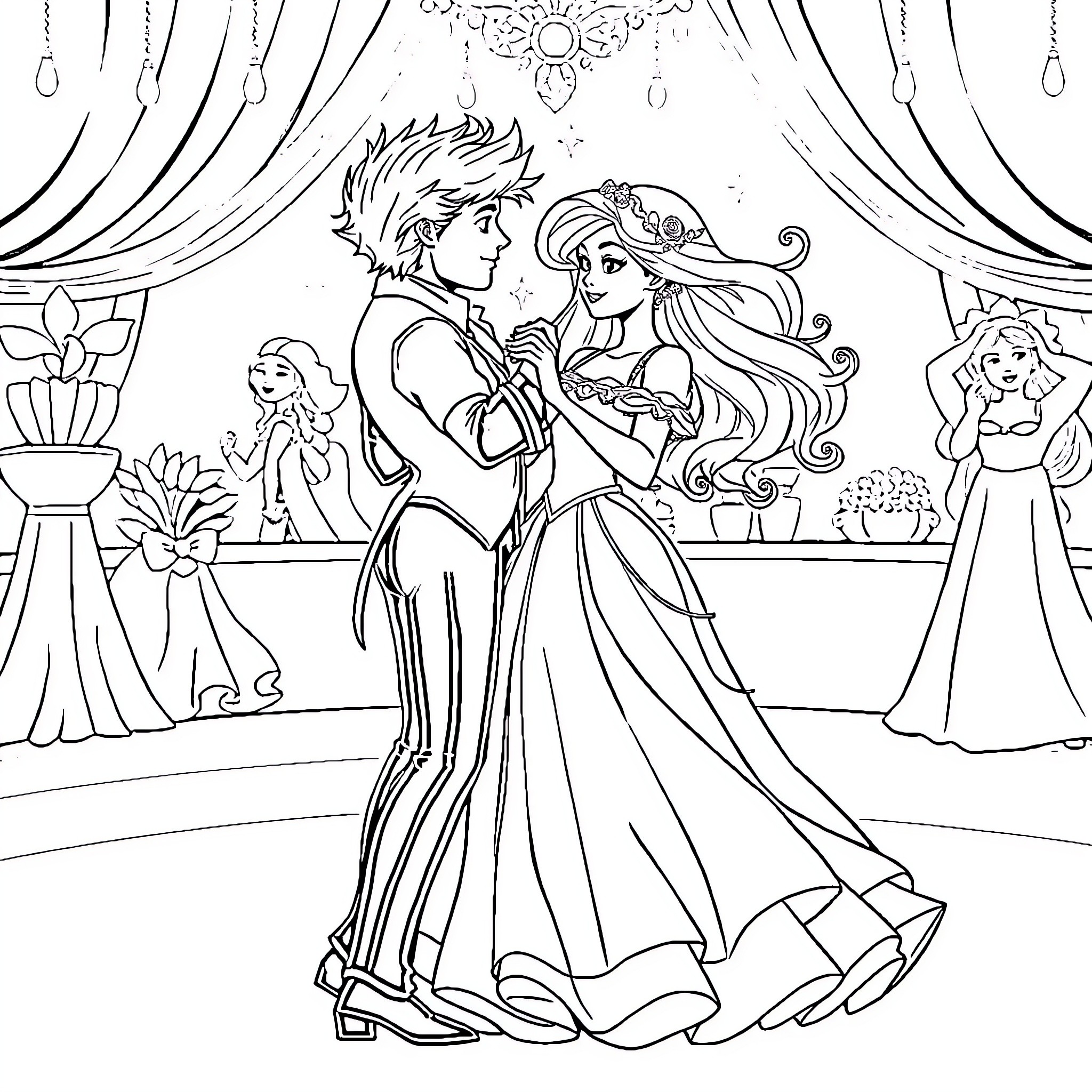 Cinderella's Enchanting Ball Dance with Prince Coloring Page (free black-and-white line drawing printable PDF for all, from beginners to advanced learners, including children, teens, adults, and seniors)