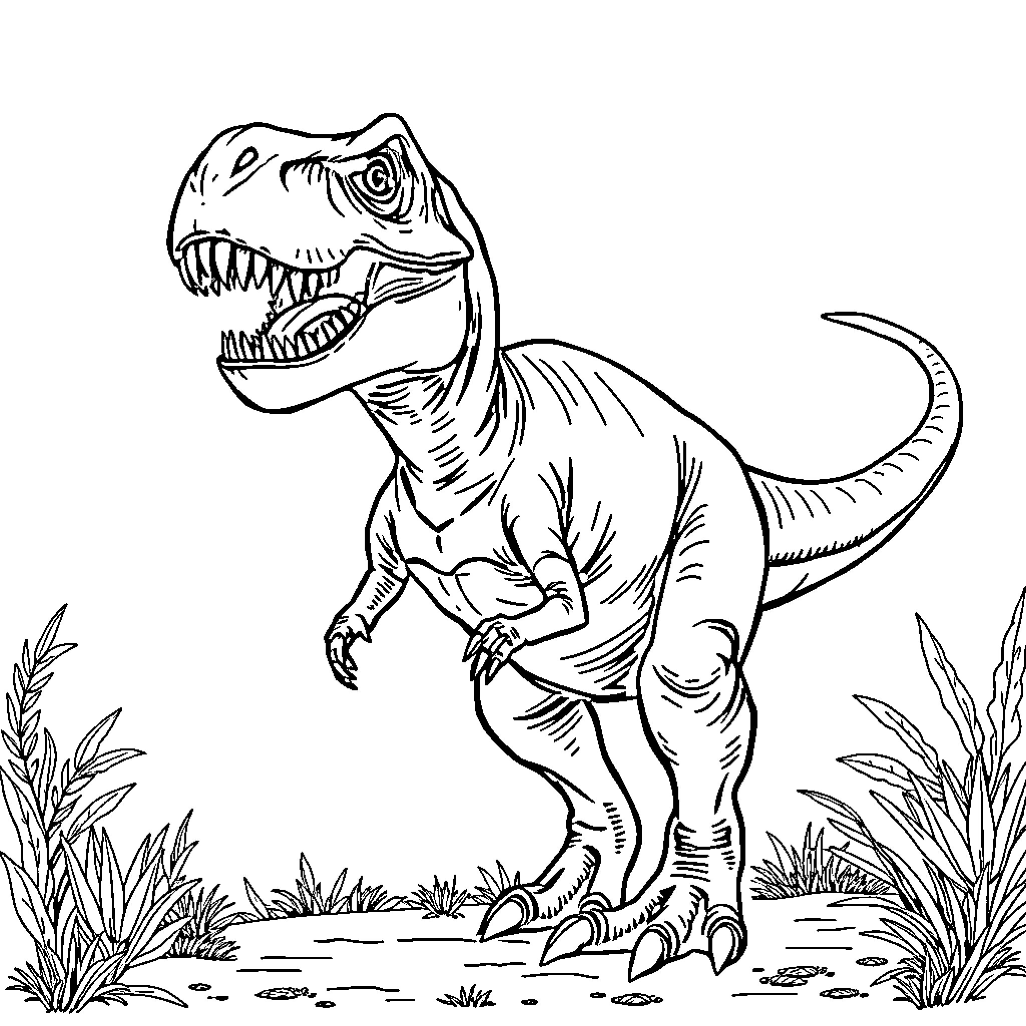 T-Rex stomping through the prehistoric landscape Coloring Page (free black-and-white line drawing printable PDF for all, from beginners to advanced learners, including children, teens, adults, and seniors)