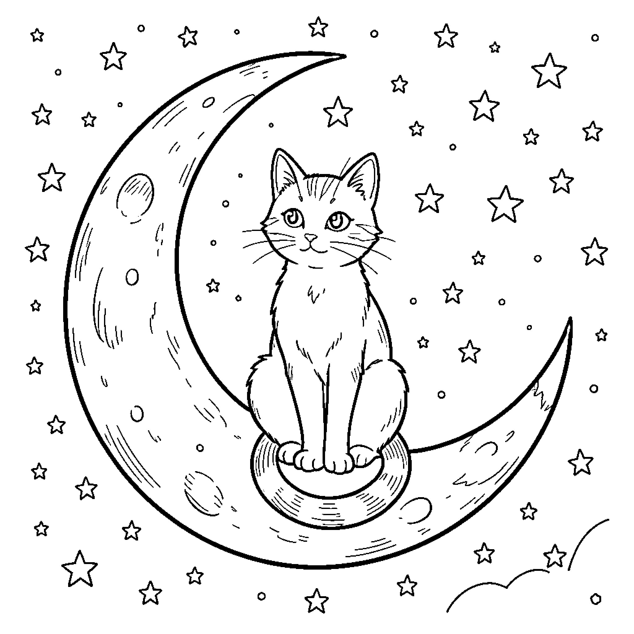 Cat sitting on crescent moon with stars Coloring Page (free black-and-white line drawing printable PDF for all, from beginners to advanced learners, including children, teens, adults, and seniors)