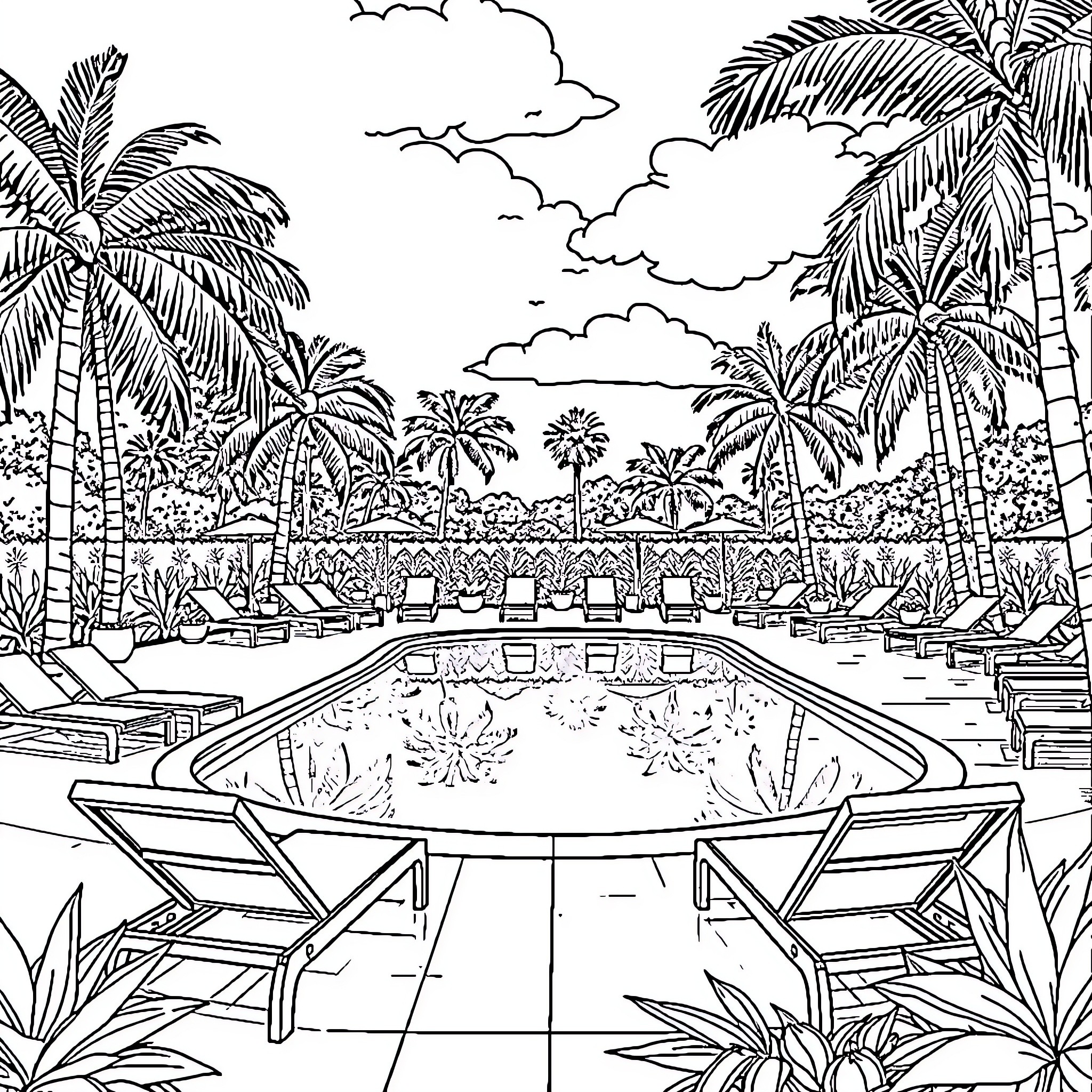 Pool amid tropical paradise with palm trees Coloring Page (free black-and-white line drawing printable PDF for all, from beginners to advanced learners, including children, teens, adults, and seniors)