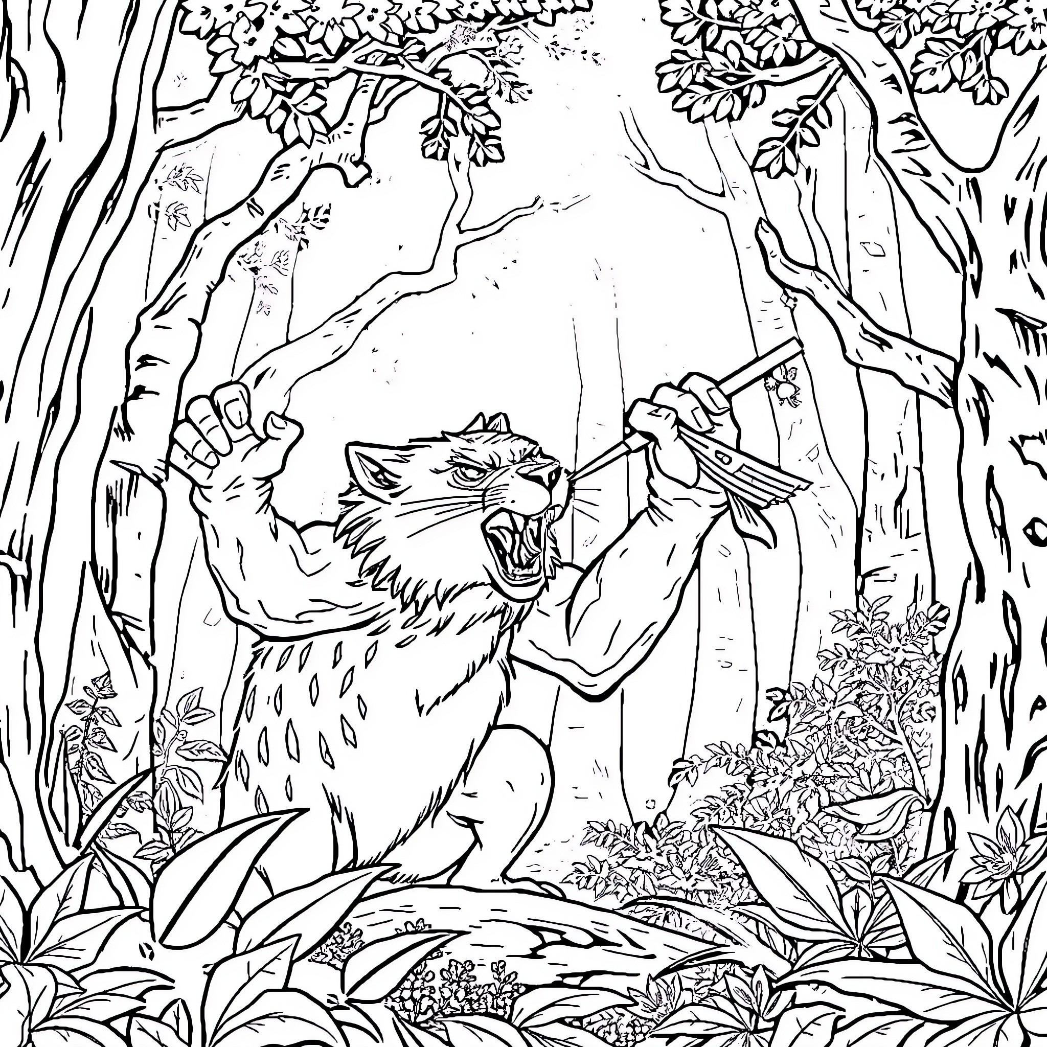 Wolf snarling in the lush forest Coloring Page (free black-and-white line drawing printable PDF for all, from beginners to advanced learners, including children, teens, adults, and seniors)