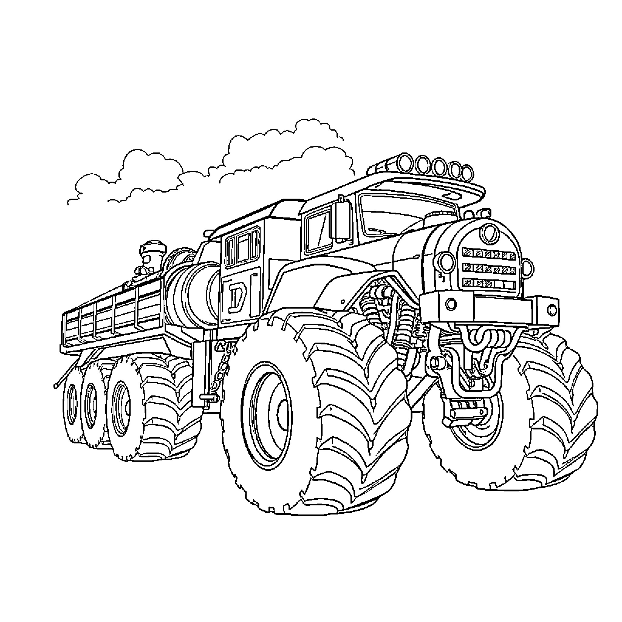 Train-like Monster Truck with Large Tires Coloring Page (free black-and-white line drawing printable PDF for all, from beginners to advanced learners, including children, teens, adults, and seniors)