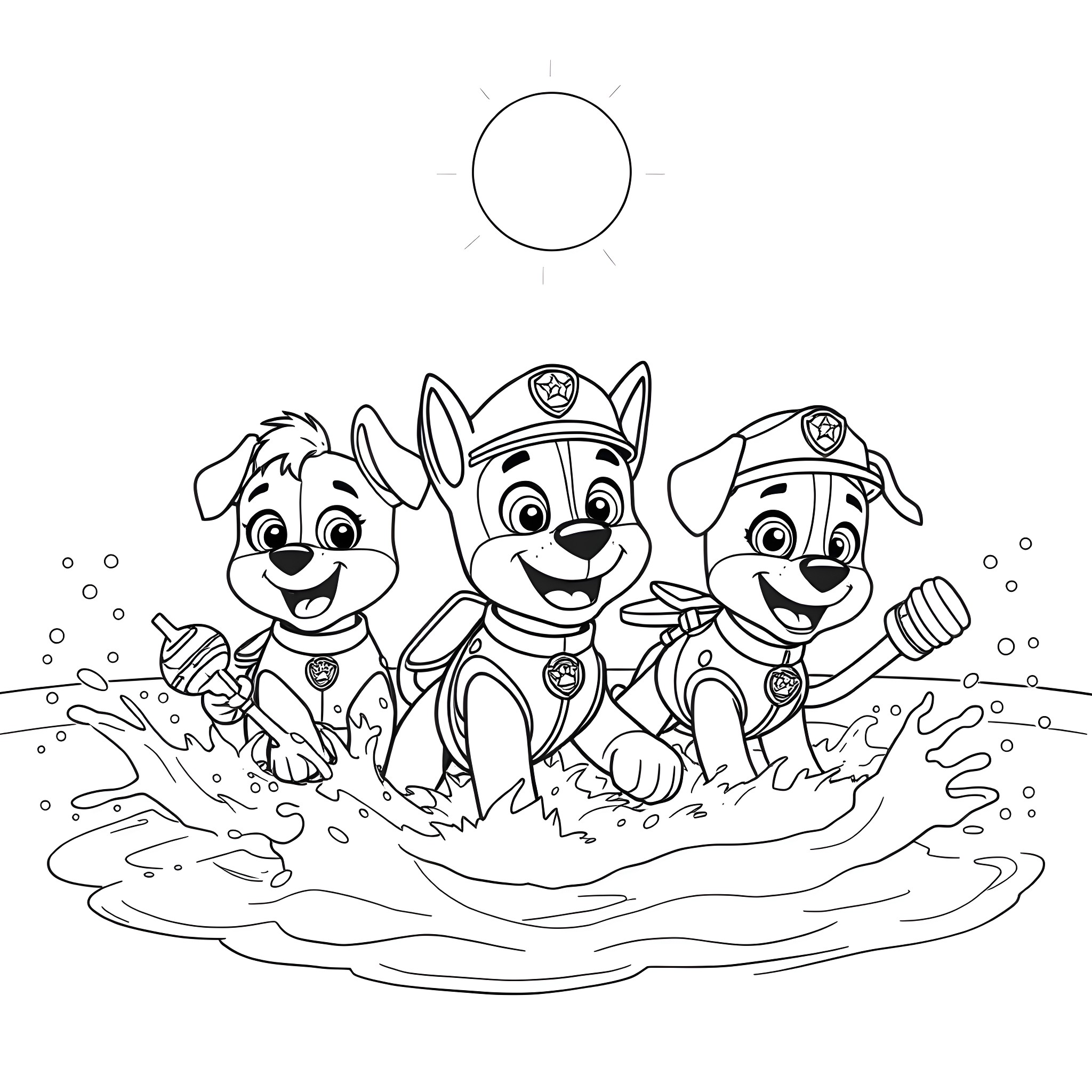Paw Patrol pups having fun in muddy puddle Coloring Page (free black-and-white line drawing printable PDF for all, from beginners to advanced learners, including children, teens, adults, and seniors)