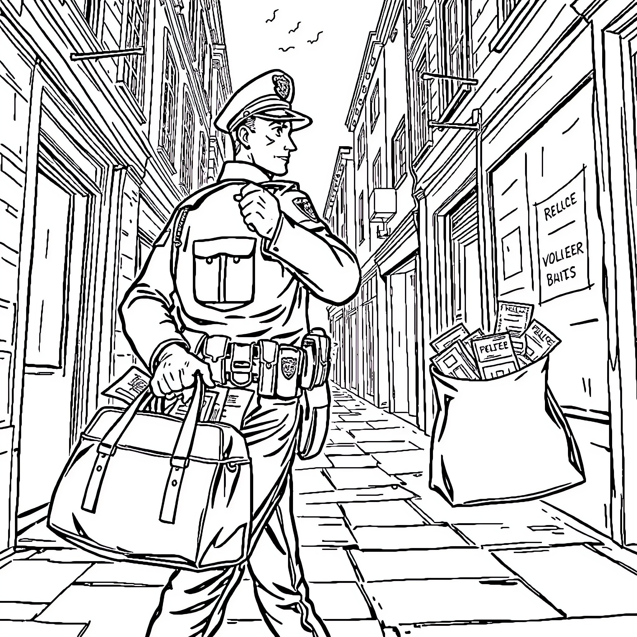 Policier on patrol in urban alley Coloring Page (free black-and-white line drawing printable PDF for all, from beginners to advanced learners, including children, teens, adults, and seniors)