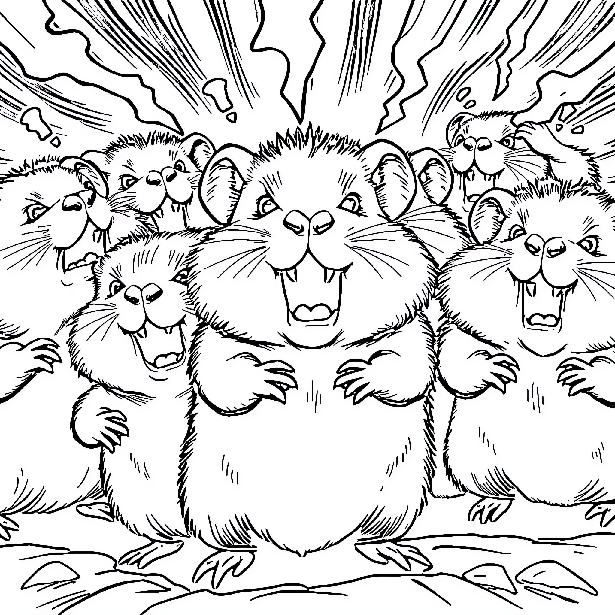 Hamsters engaged in a raucous gathering Coloring Page (free black-and-white line drawing printable PDF for all, from beginners to advanced learners, including children, teens, adults, and seniors)