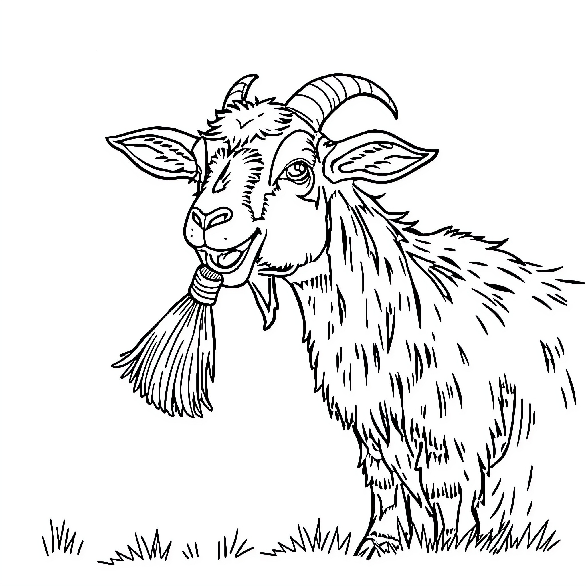 Goat chewing grass contentedly in the field Coloring Page (free black-and-white line drawing printable PDF for all, from beginners to advanced learners, including children, teens, adults, and seniors)