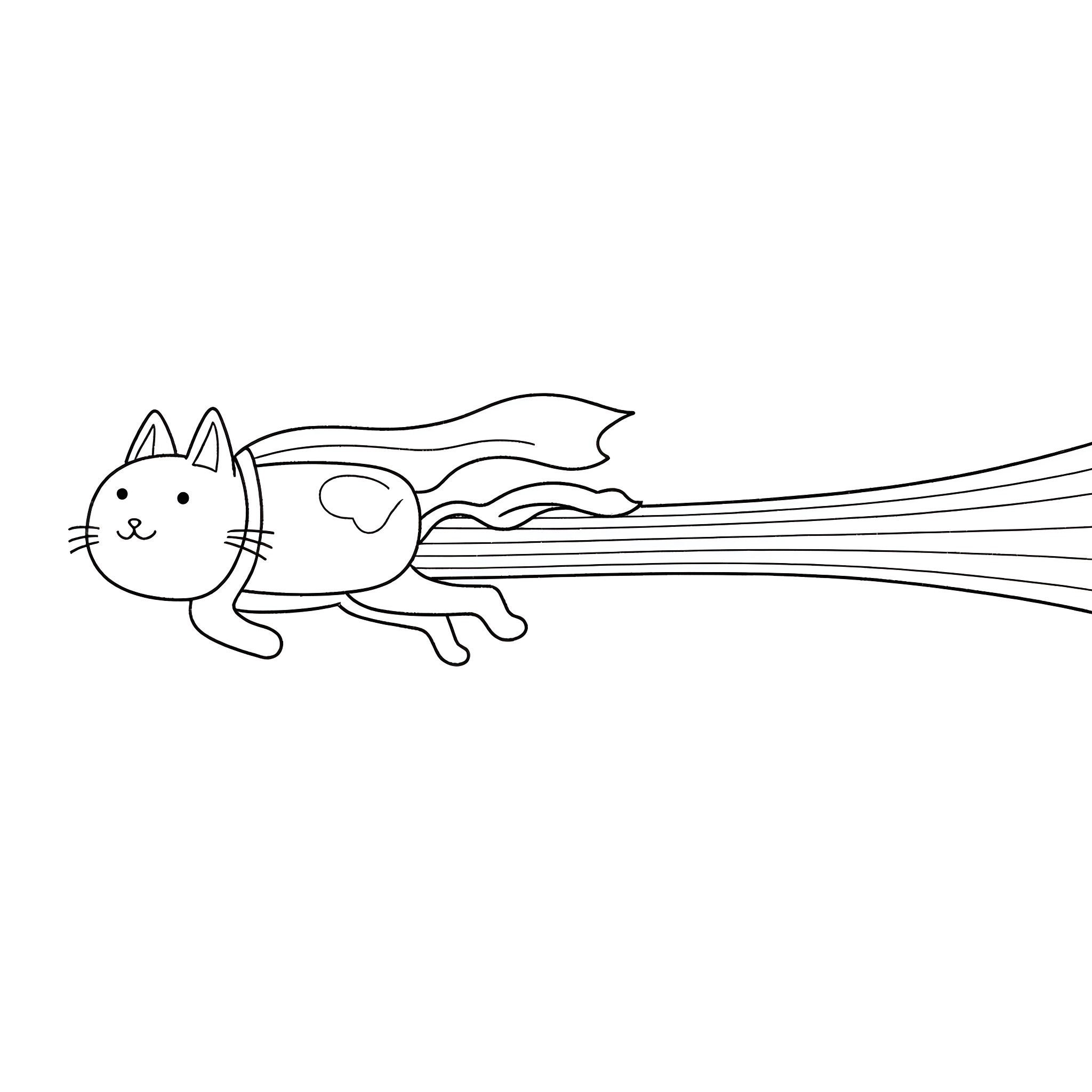 Superman Cat Flies Through the Sky Coloring Page (free black-and-white line drawing printable PDF for all, from beginners to advanced learners, including children, teens, adults, and seniors)