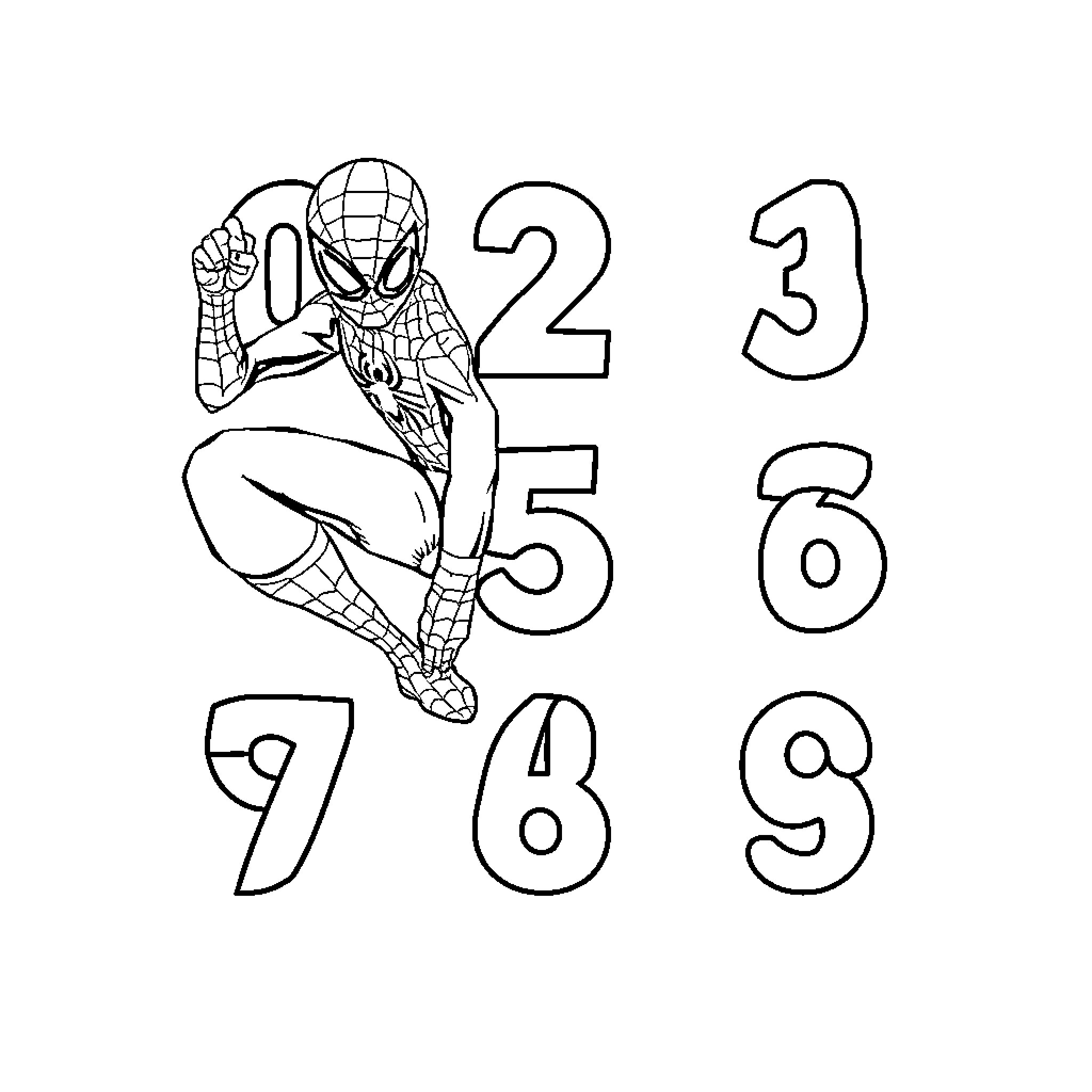Spider-Man Counting Numbers Creatively Coloring Page (free black-and-white line drawing printable PDF for all, from beginners to advanced learners, including children, teens, adults, and seniors)