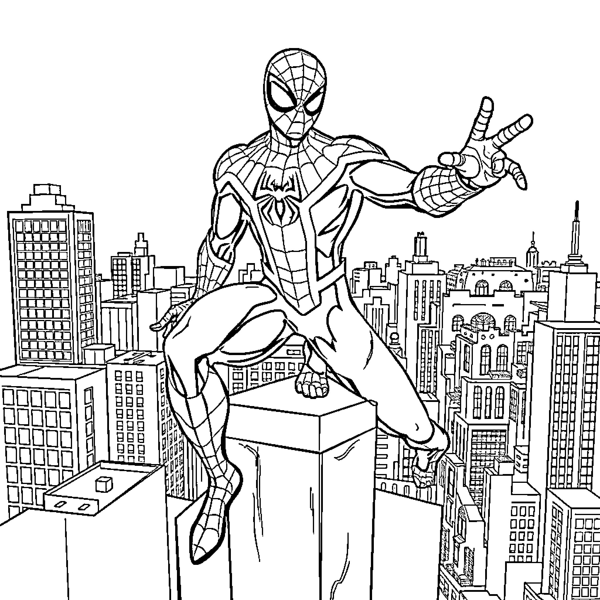 Spiderman swinging through the city skyline Coloring Page (free black-and-white line drawing printable PDF for all, from beginners to advanced learners, including children, teens, adults, and seniors)