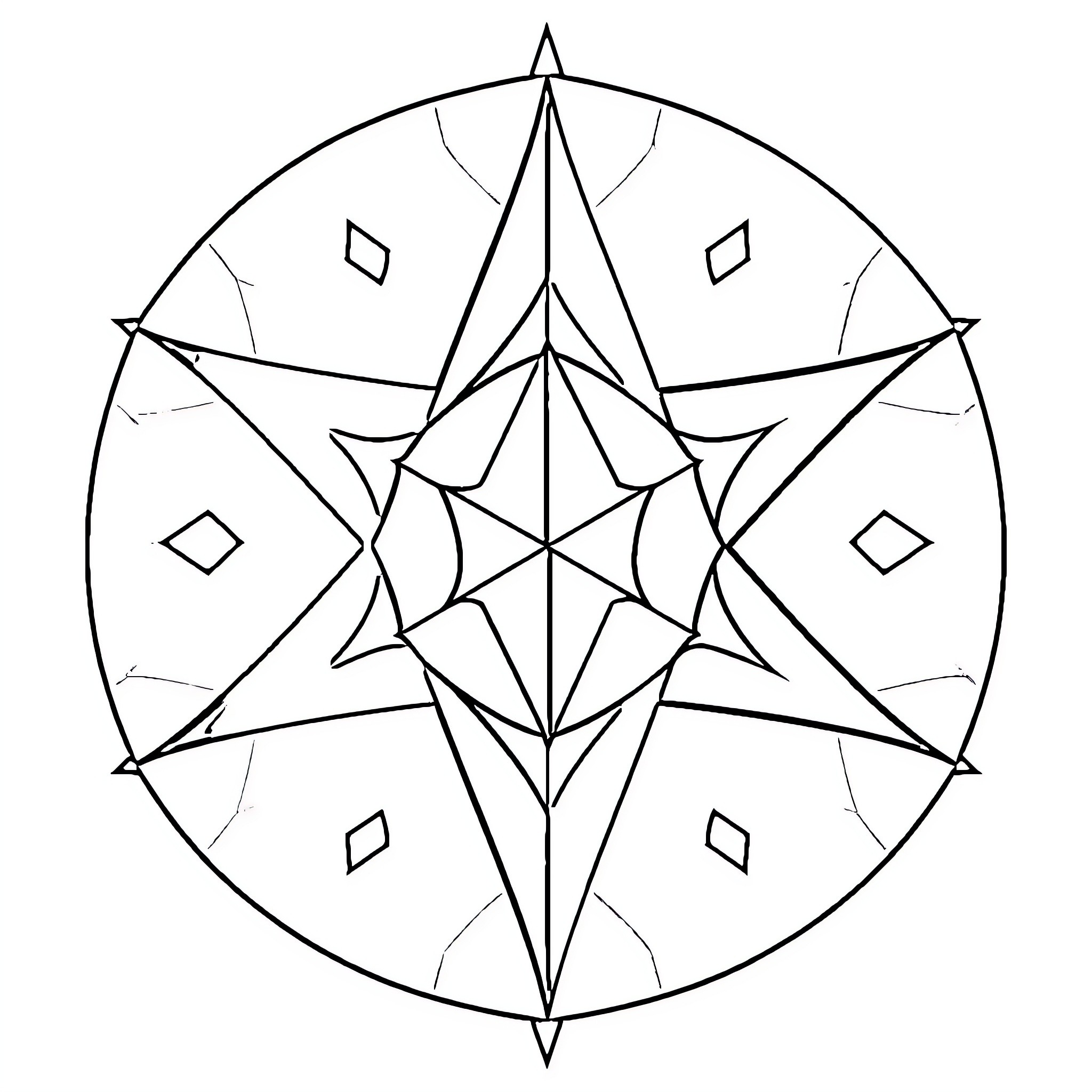 Geometric Figure with Symmetrical Star Pattern Coloring Page (free black-and-white line drawing printable PDF for all, from beginners to advanced learners, including children, teens, adults, and seniors)