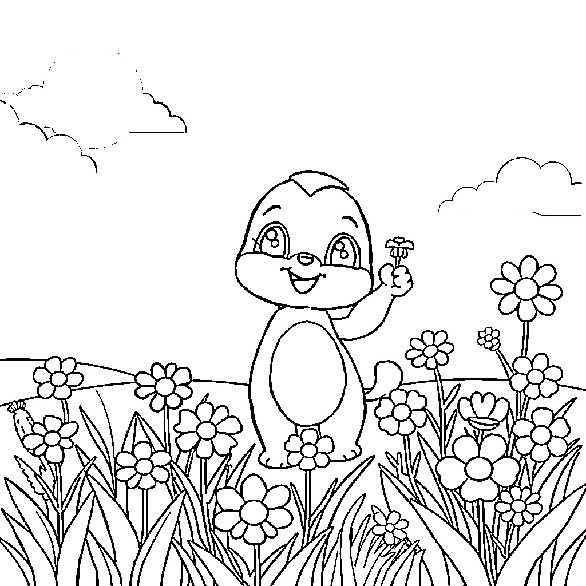 Bluey playing happily in a flower-filled garden Coloring Page (free black-and-white line drawing printable PDF for all, from beginners to advanced learners, including children, teens, adults, and seniors)