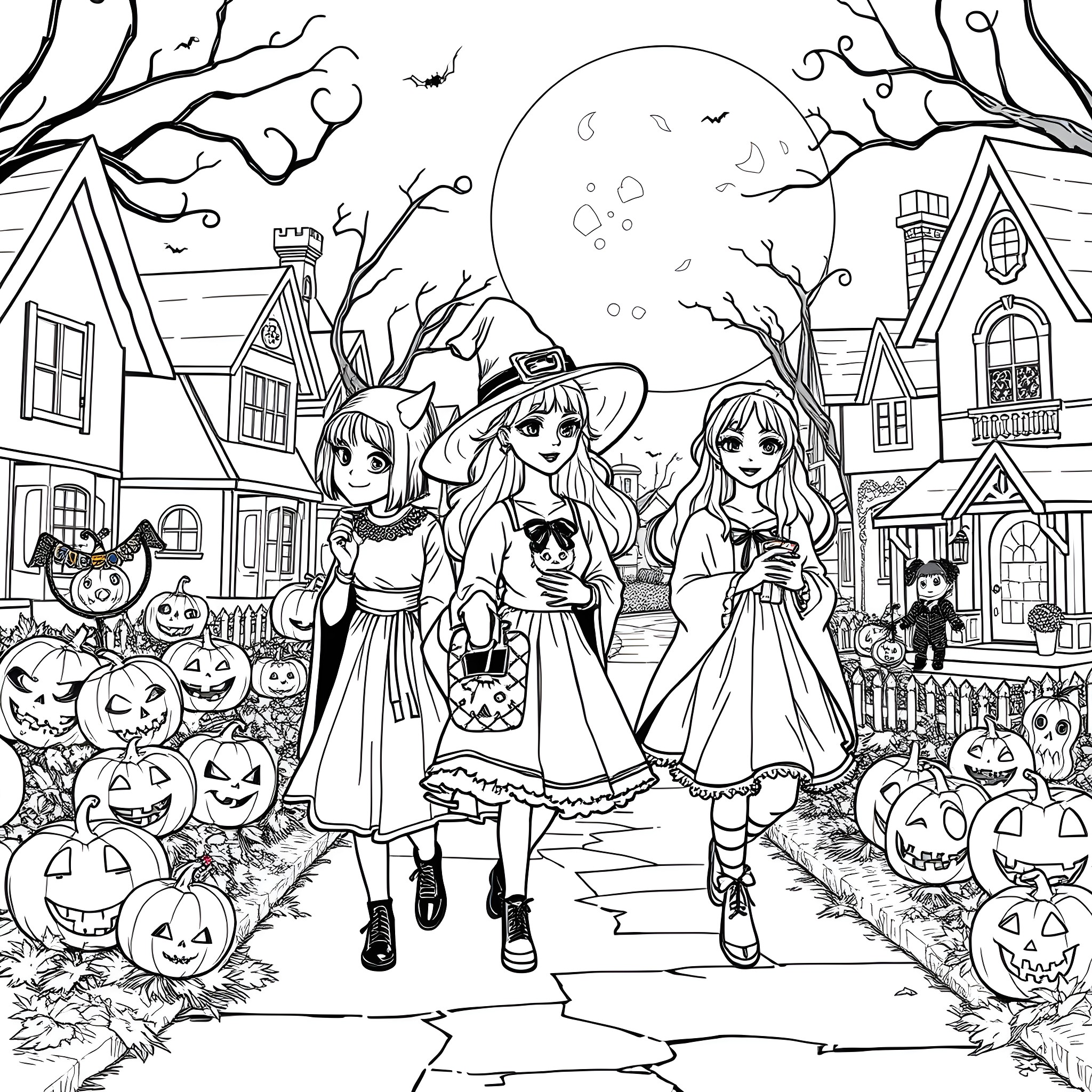 Sanderson Sisters Celebrating Halloween in a Spooky Neighborhood Coloring Page (free black-and-white line drawing printable PDF for all, from beginners to advanced learners, including children, teens, adults, and seniors)