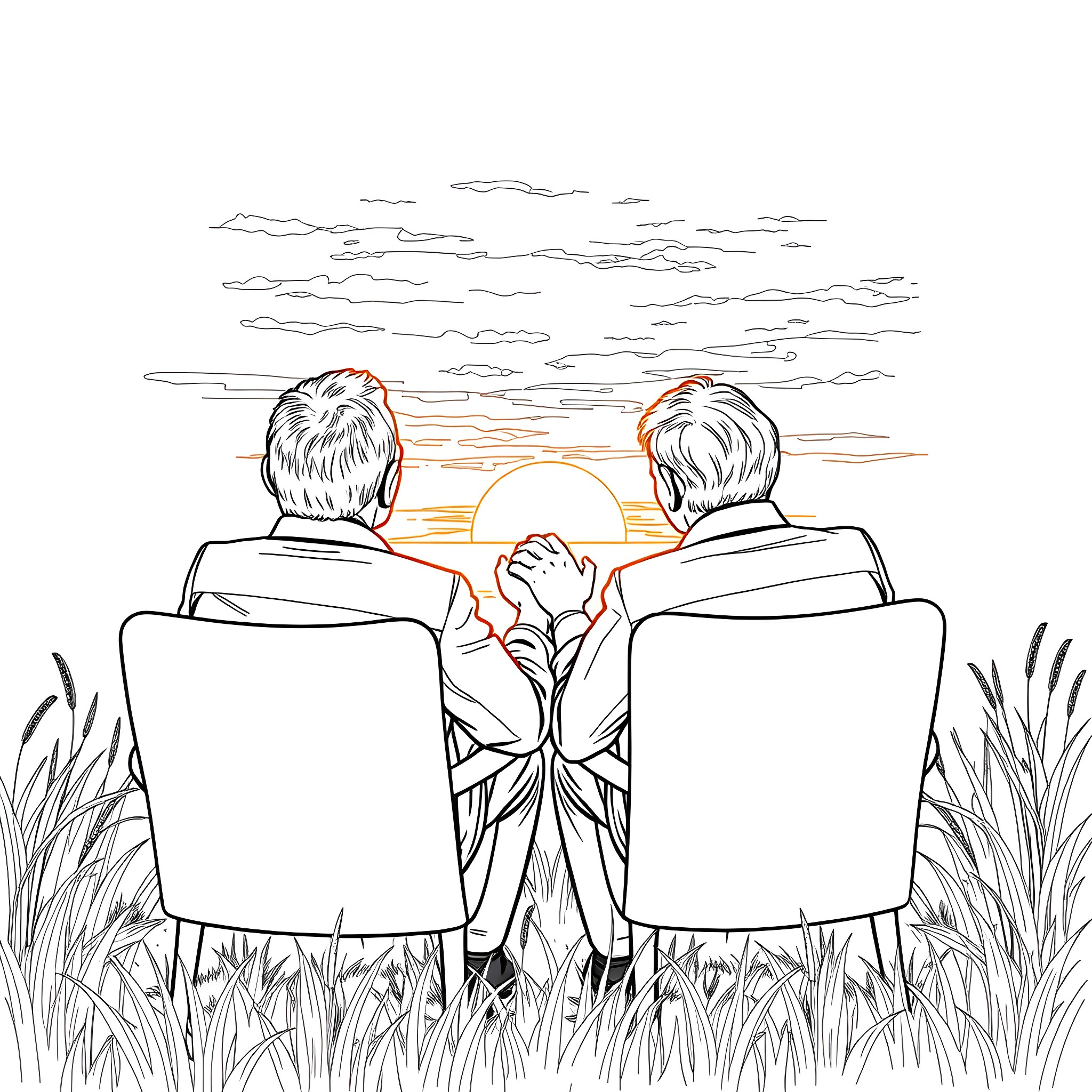 Person relaxing and enjoying sunset together Coloring Page (free black-and-white line drawing printable PDF for all, from beginners to advanced learners, including children, teens, adults, and seniors)