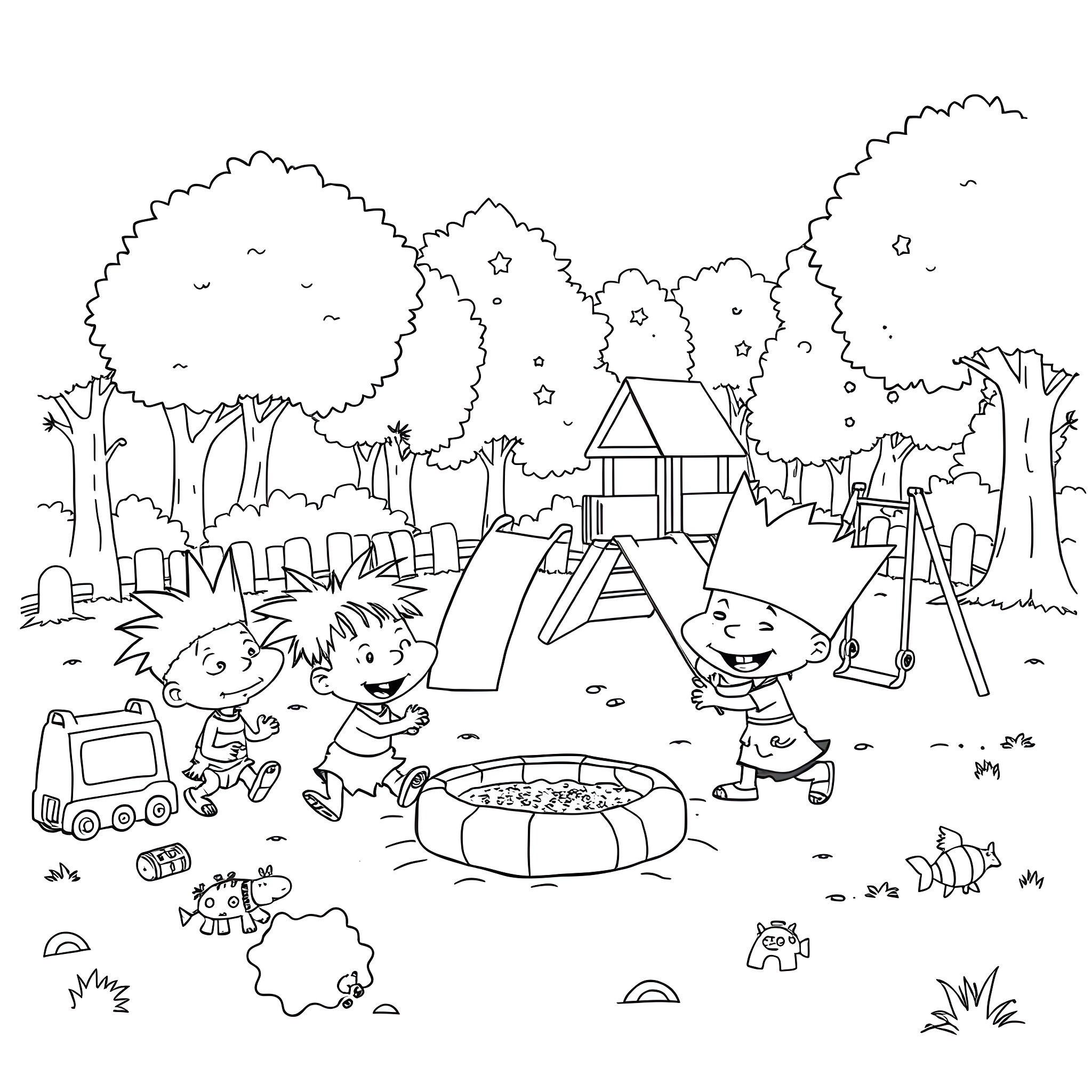Rugrats playing happily at the playground Coloring Page (free black-and-white line drawing printable PDF for all, from beginners to advanced learners, including children, teens, adults, and seniors)