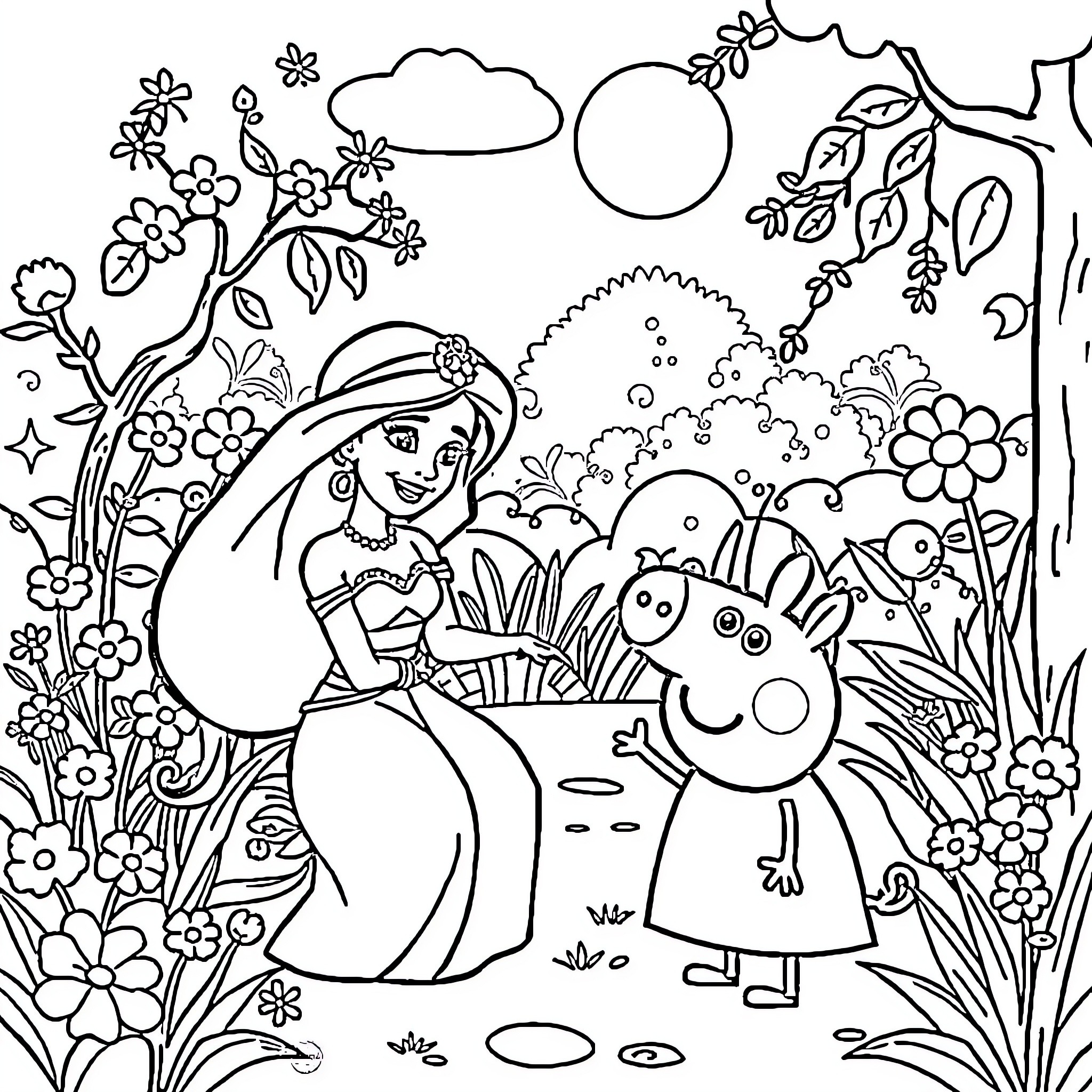 Jasmine's Enchanting Garden Adventure Coloring Page (free black-and-white line drawing printable PDF for all, from beginners to advanced learners, including children, teens, adults, and seniors)